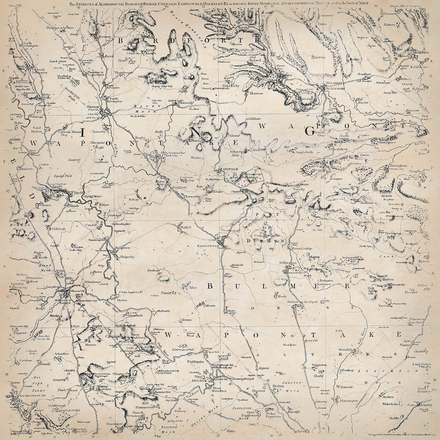 Yorkshire in 1771 sheet 2-3 - shows the Aldborough, Borough Bridge, Coxwold, Easingwold, Helmsley Blackmore, Kirby Moorside, Knaresborough, Thirsk area
