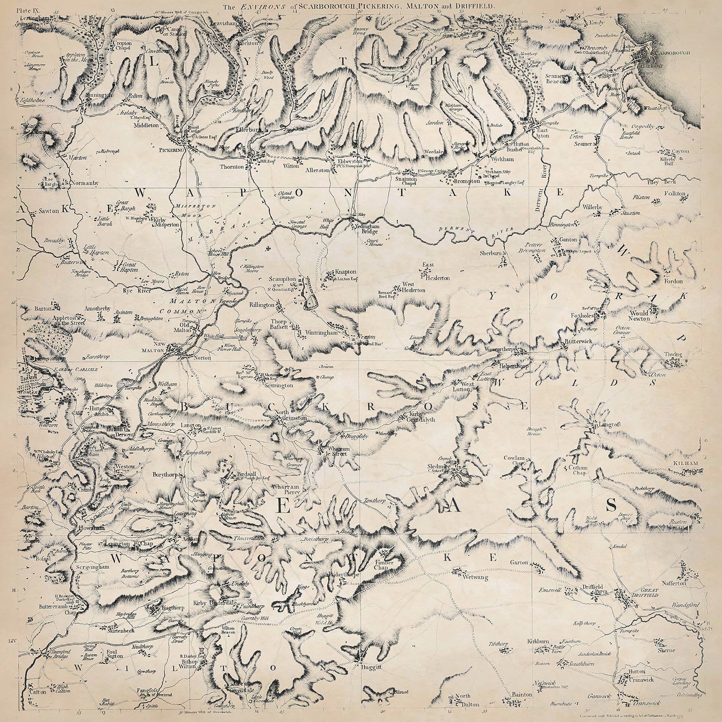 Yorkshire in 1771 sheet 2-4 - shows the Scarborough, Pickering, Malton and Driffield area