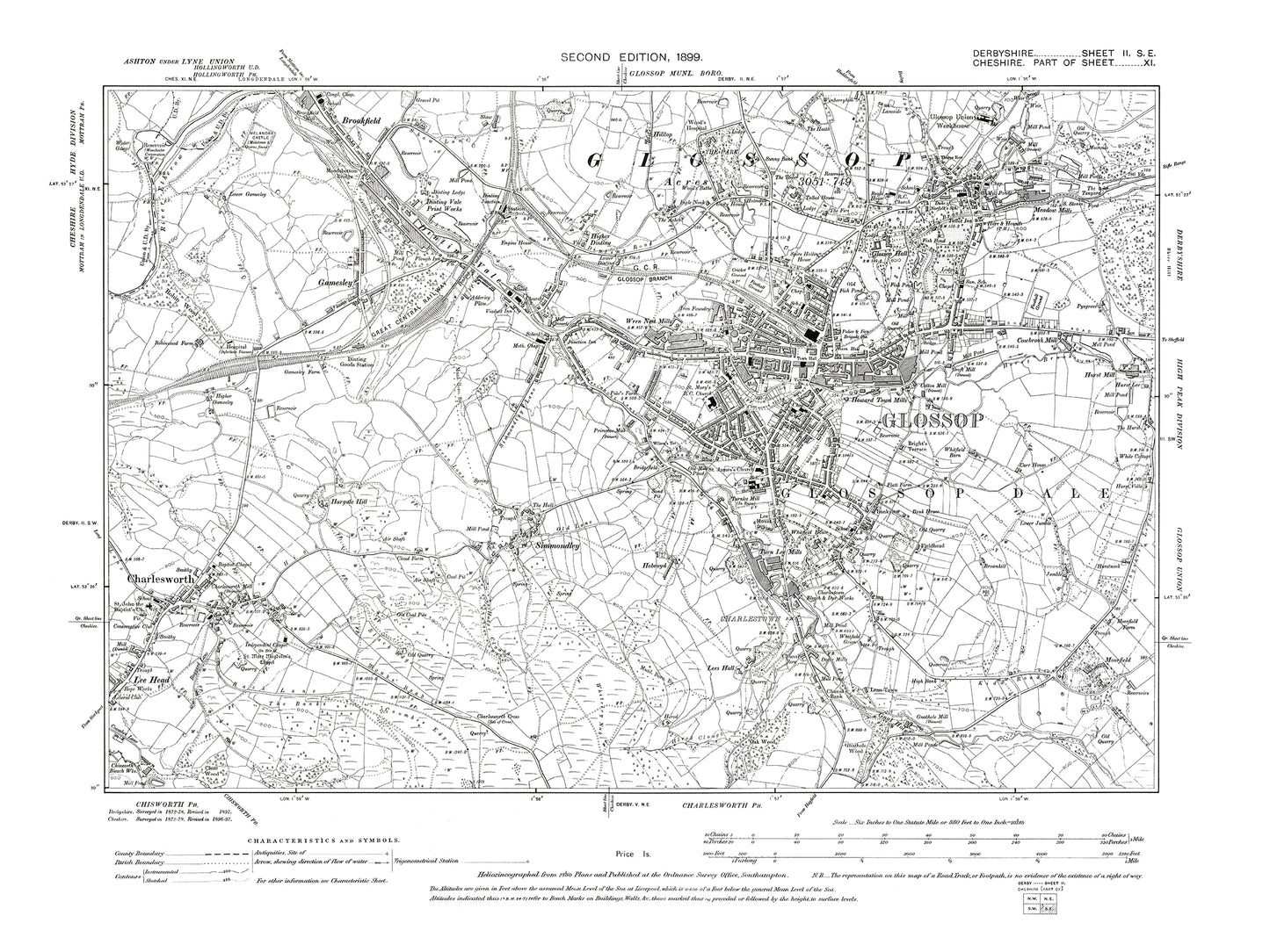 Old OS map dated 1899, showing Glossop, Charlesworth in Derbyshire 2SE