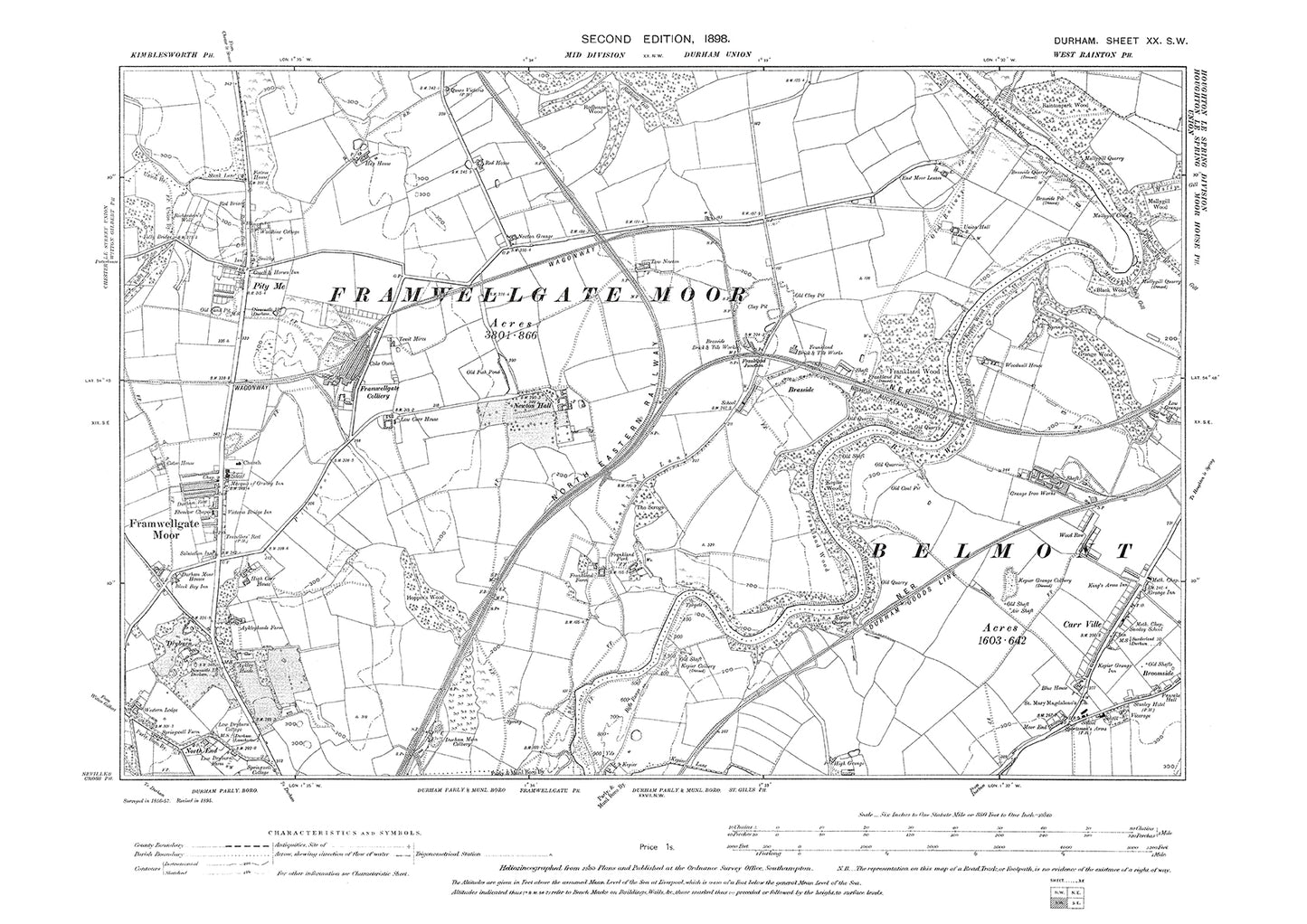 Old OS map dated 1898, showing Framwellgate Moor and Durham (north) in Durham - 20SW