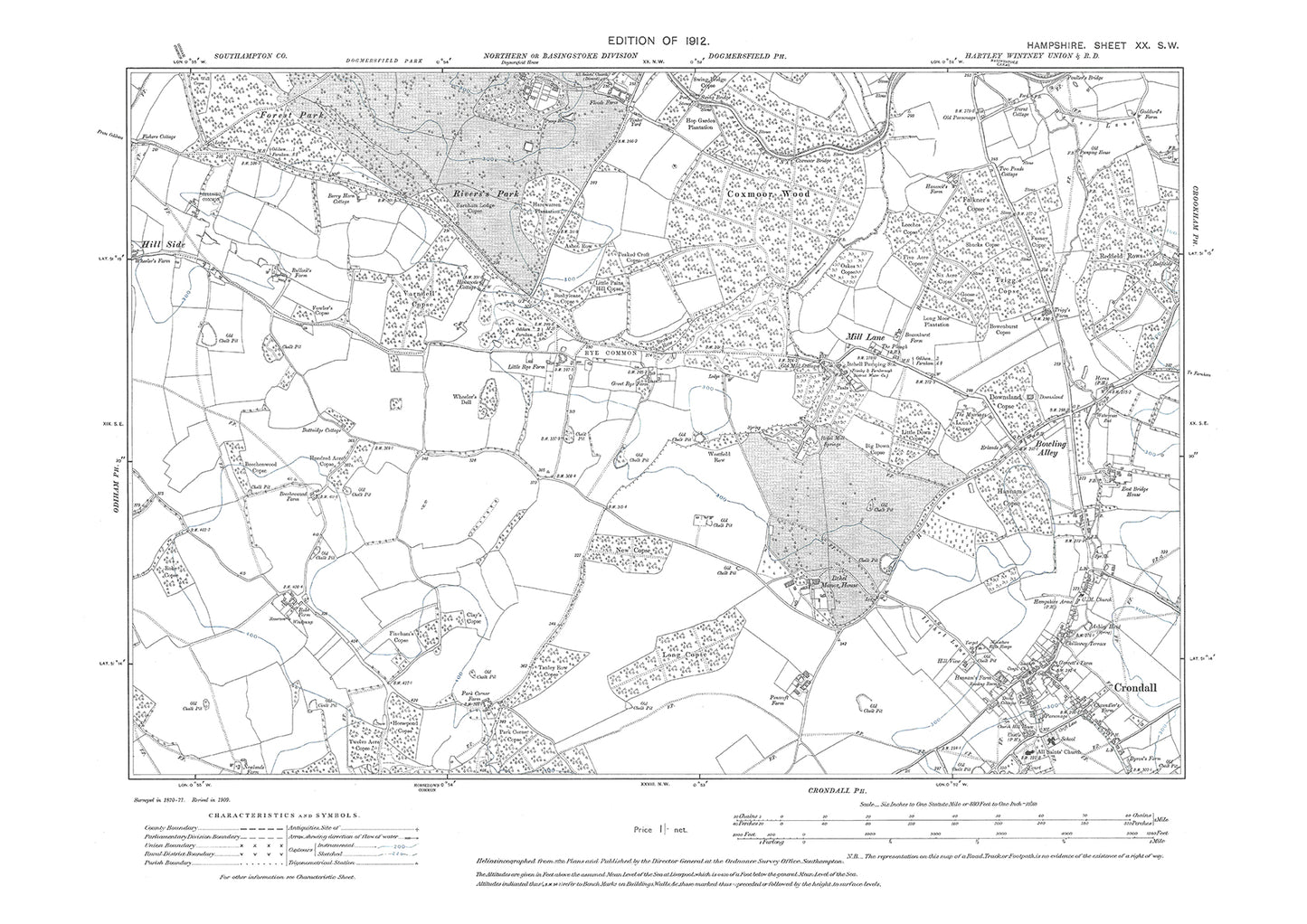 Old OS map dated 1912, showing Crondall in Hampshire - 20SW