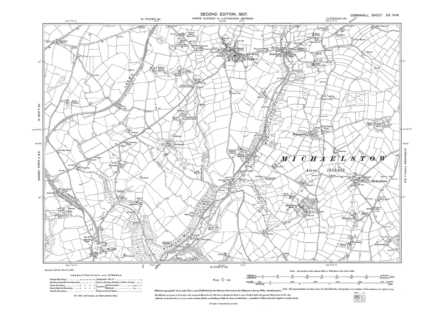St Teath, Michaelstow, Treveighan, Trelill, old map Cornwall 1907: 20NW