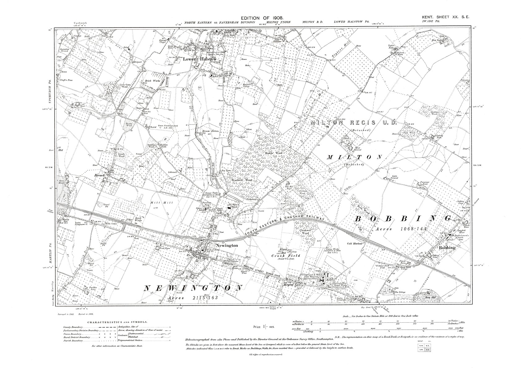 Bobbing, Lower Halstow, Newington, Old Map Kent 1908: 20se – Old Map 