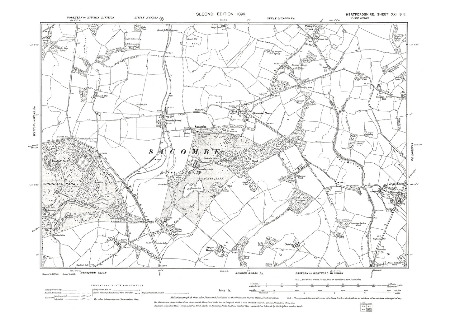 Old OS map dated 1899, showing Sacombe, High Cross in Hertfordshire - 21SE