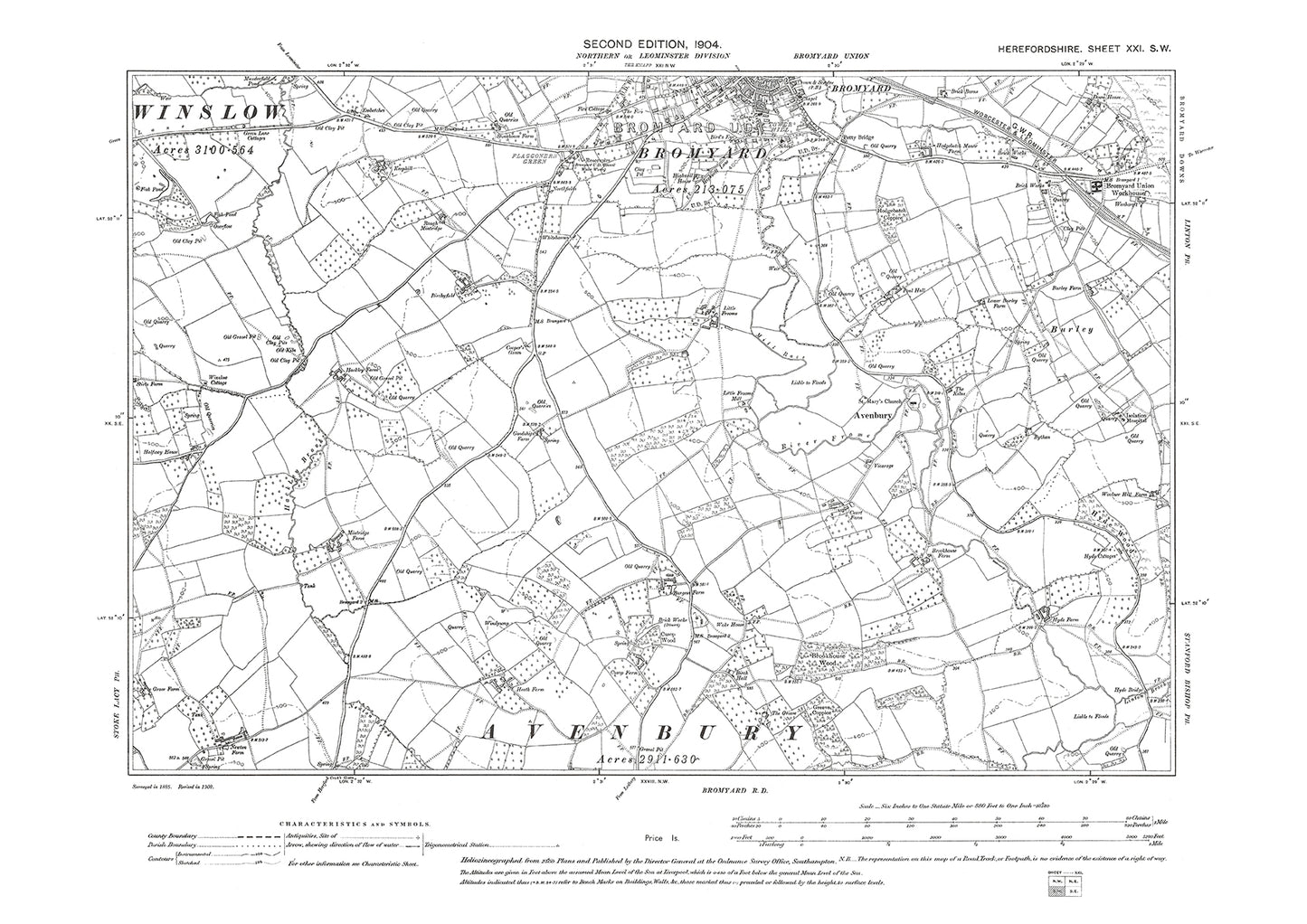 Old OS map dated 1905, showing Bromyard (south) in Herefordshire - 21SW