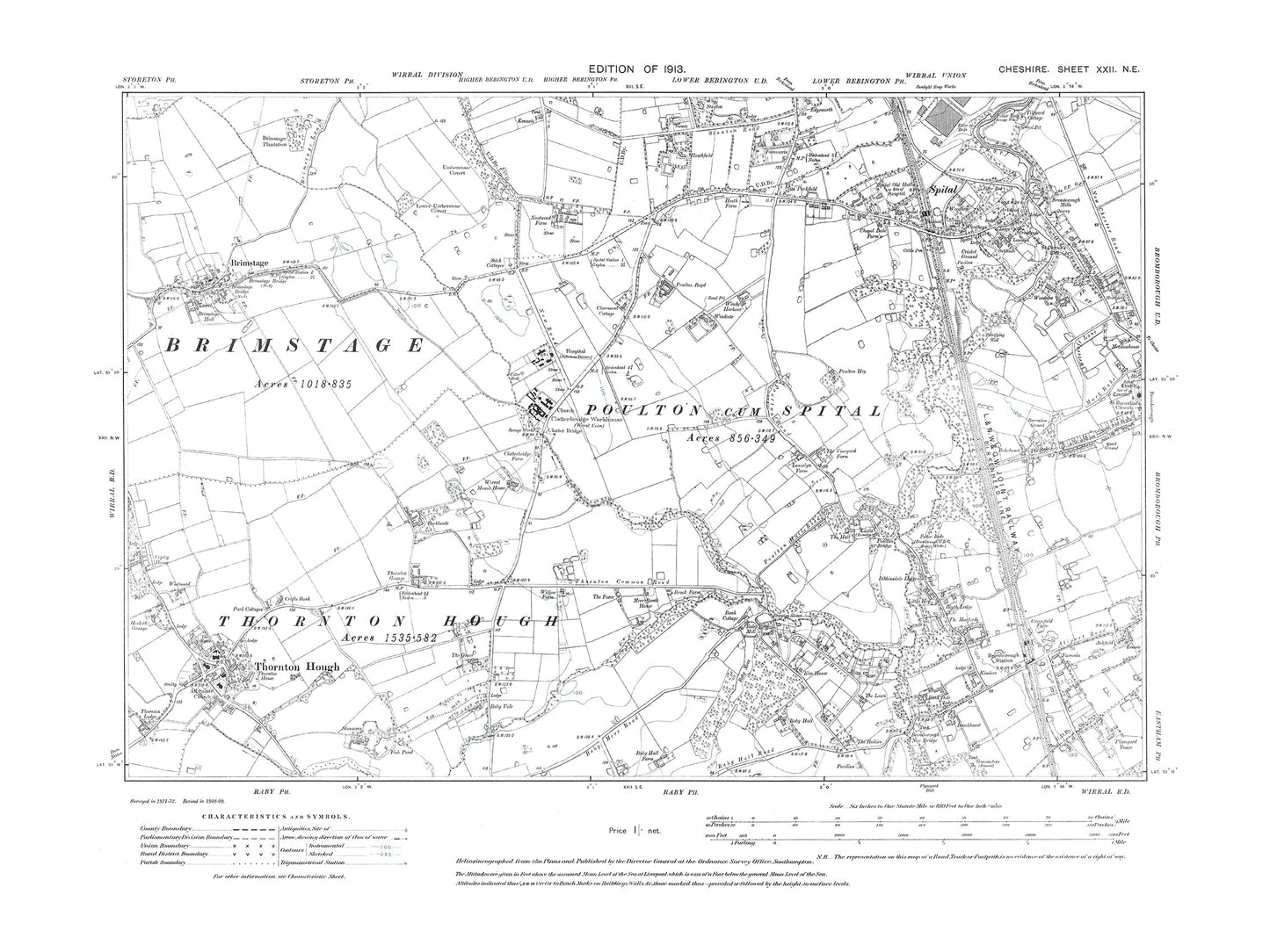Old OS map dated 1913, showing Thornton Hough, Raby (north) in Cheshire 22NE