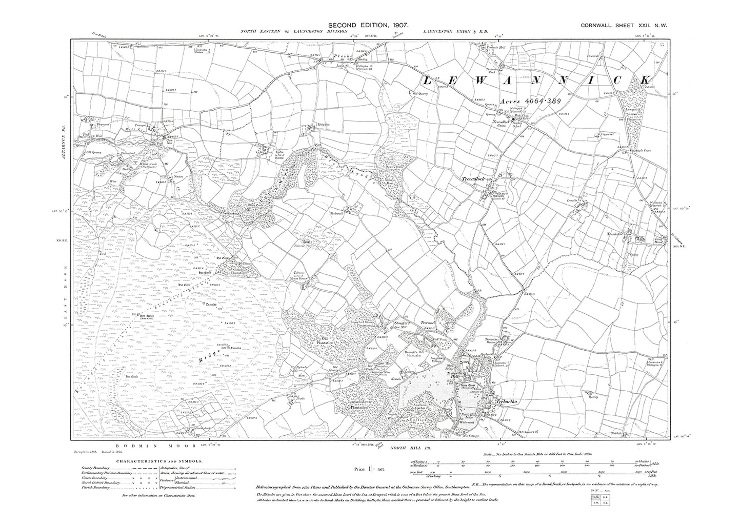 Trebartha, Trevadlock, old map Cornwall 1907: 22NW