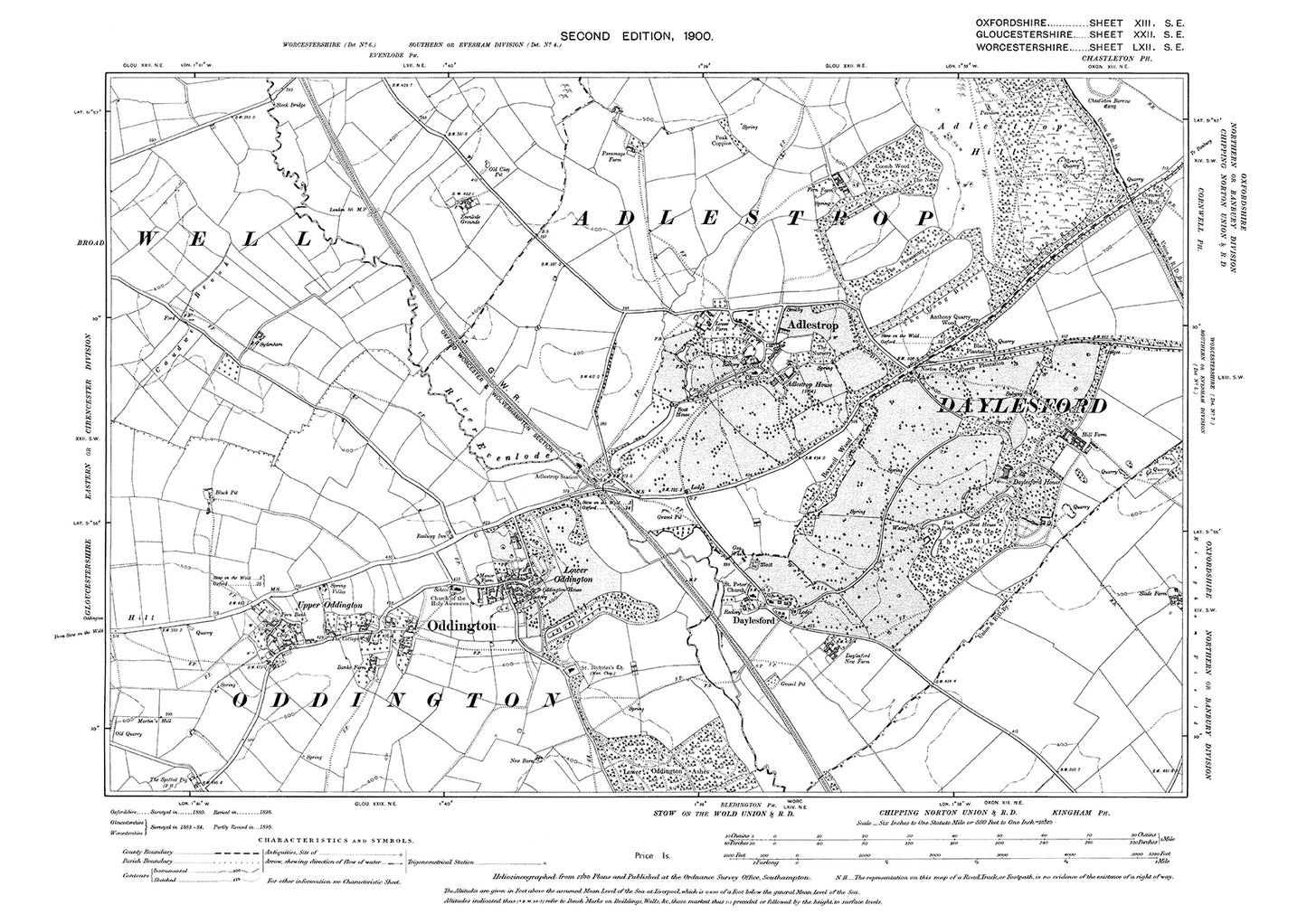 Old OS map dated 1903, showing Adlestrop, Oddington in Gloucestershire - 22SE