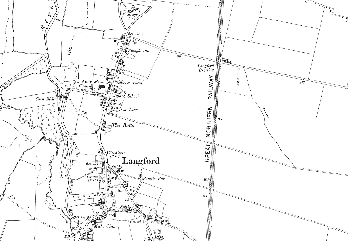 A 1901 map showing Langford in Bedfordshire - A Digital Download 0f OS 1:10560 scale map, Beds 23NW