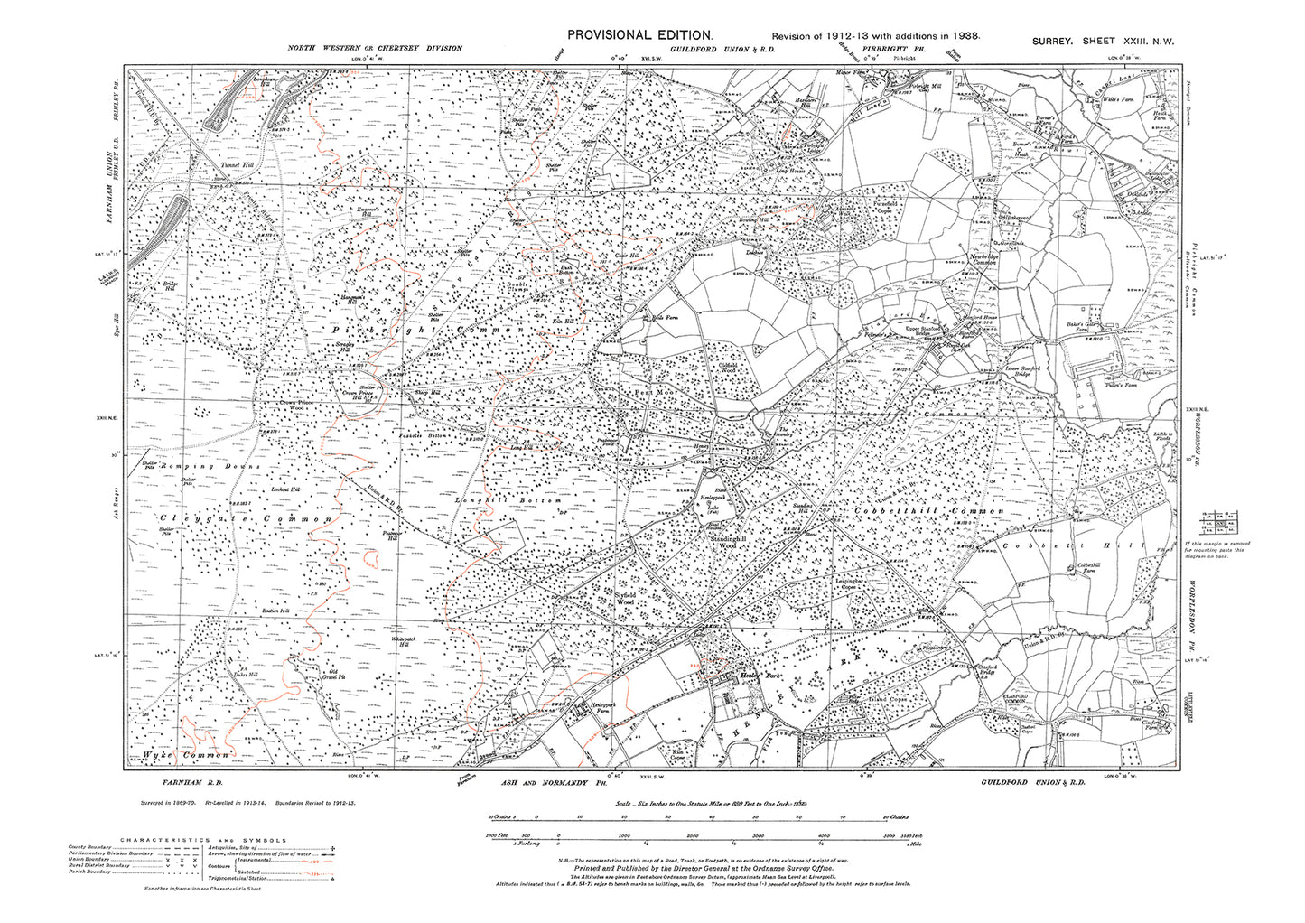 Pirbright Common, Cobbetthill Common, Henley Park old map Surrey 1938: 23NW