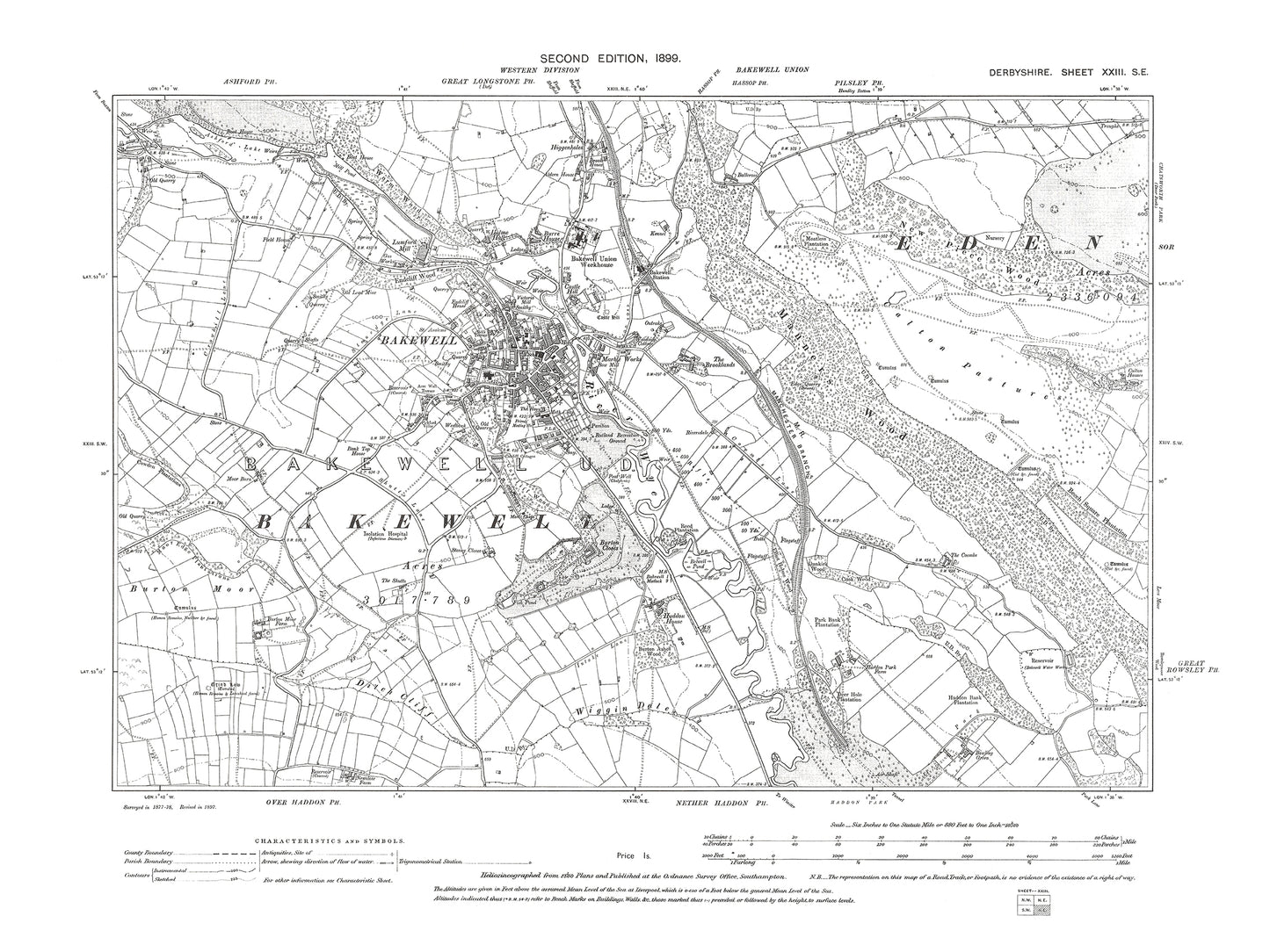 Old OS map dated 1899, showing Bakewell in Derbyshire 23SE