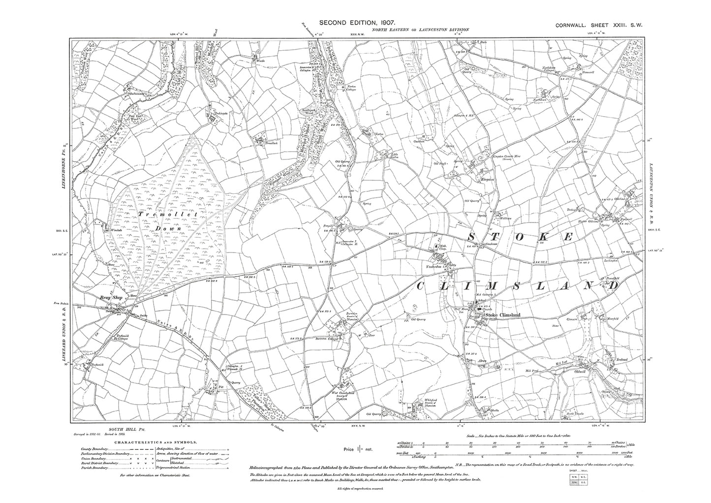 Stoke Climsland, Bray Shop, old map Cornwall 1907: 23SW