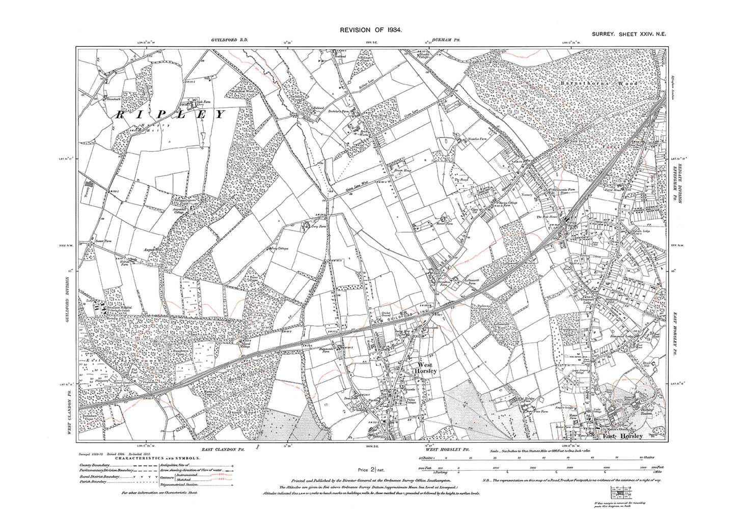 West Horsley (north), East Horsley (north) old map Surrey 1934: 24NE