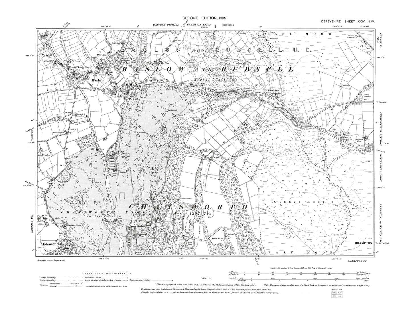 Old OS map dated 1899, showing Baslow, Edensor in Derbyshire 24NW