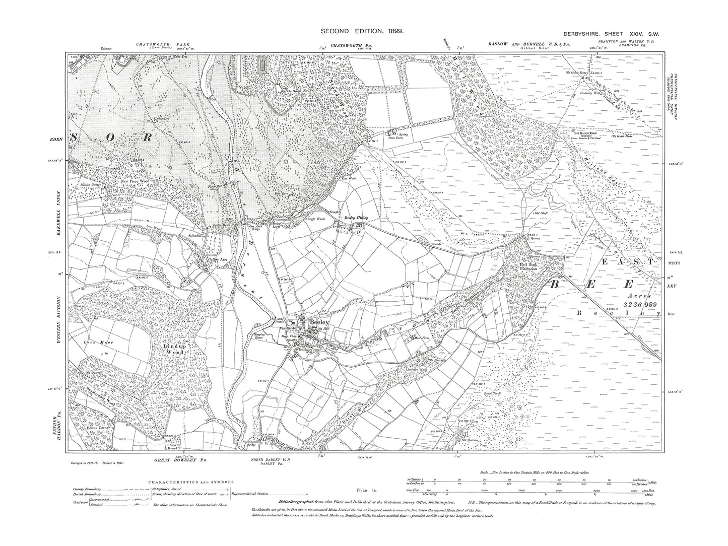 Old OS map dated 1899, showing Beeley in Derbyshire 24SW