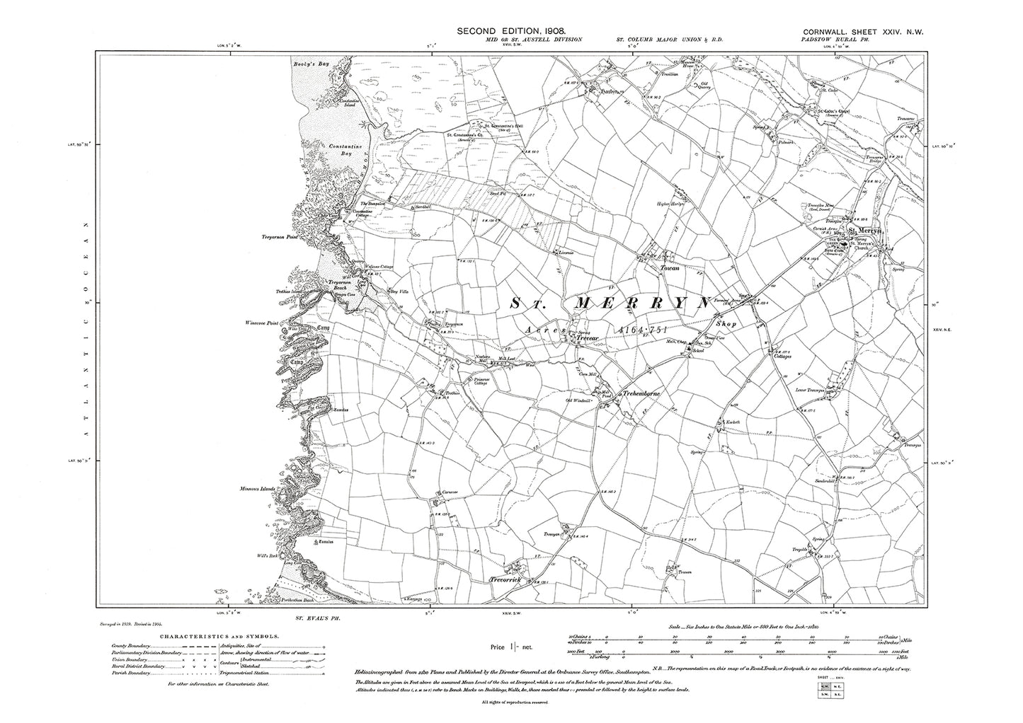 St Merryn, trevear, Trehemborne, Trevorrick, old map Cornwall 1908: 24NW