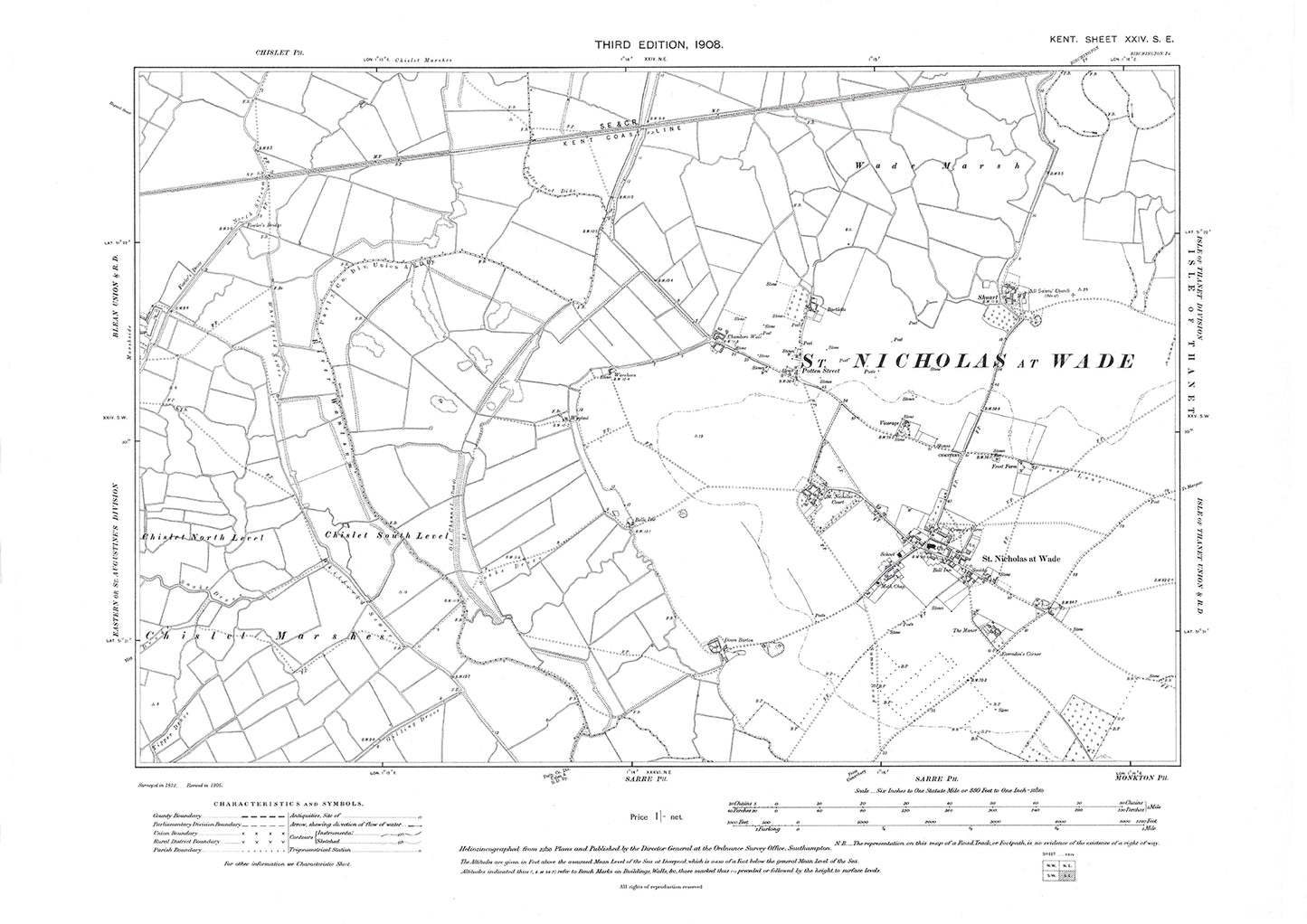 St Nicholas at Wade, old map Kent 1908: 24SE