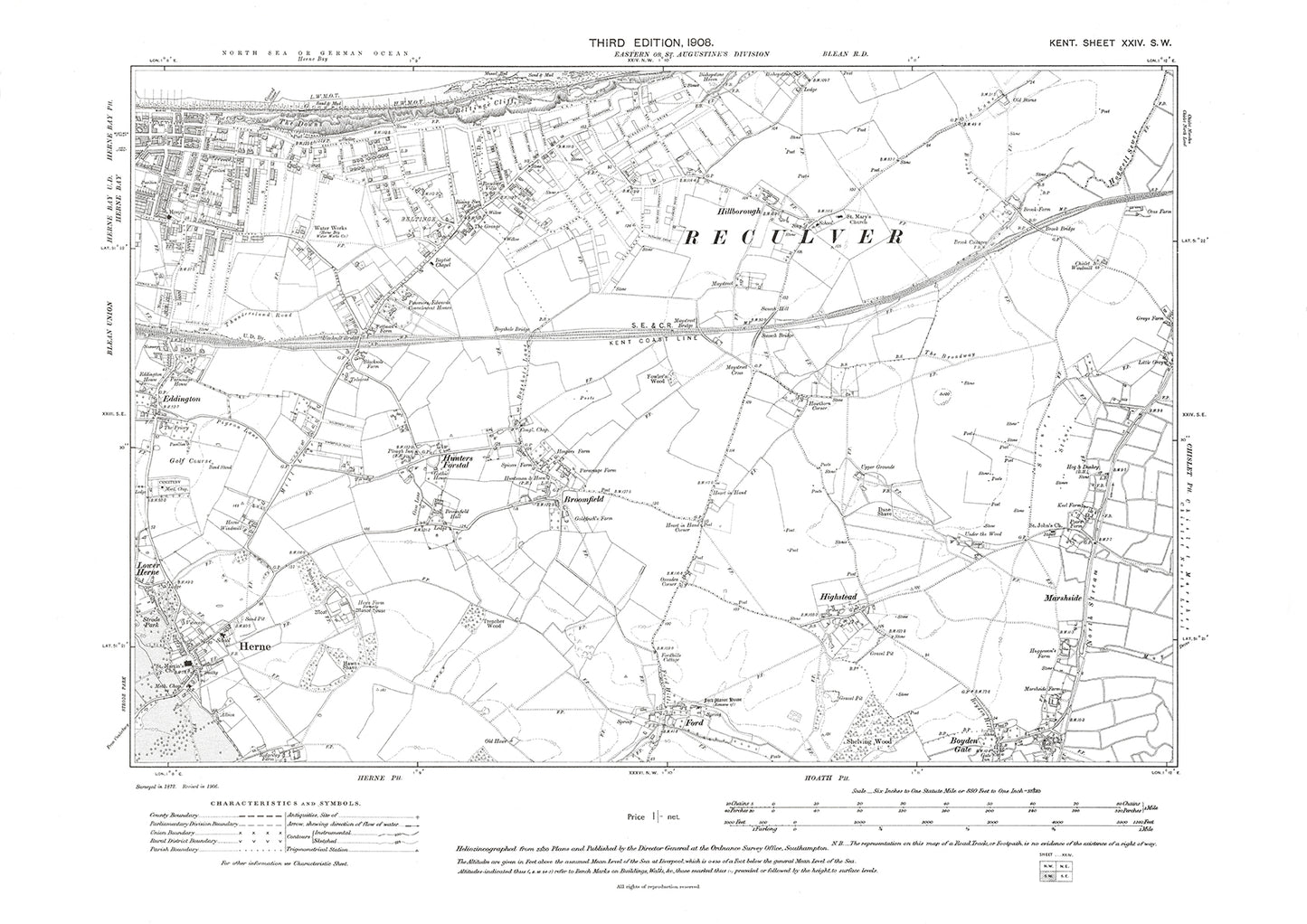 Herne Bay, Reculver, Broomfield, Herne, old map Kent 1908: 24SW
