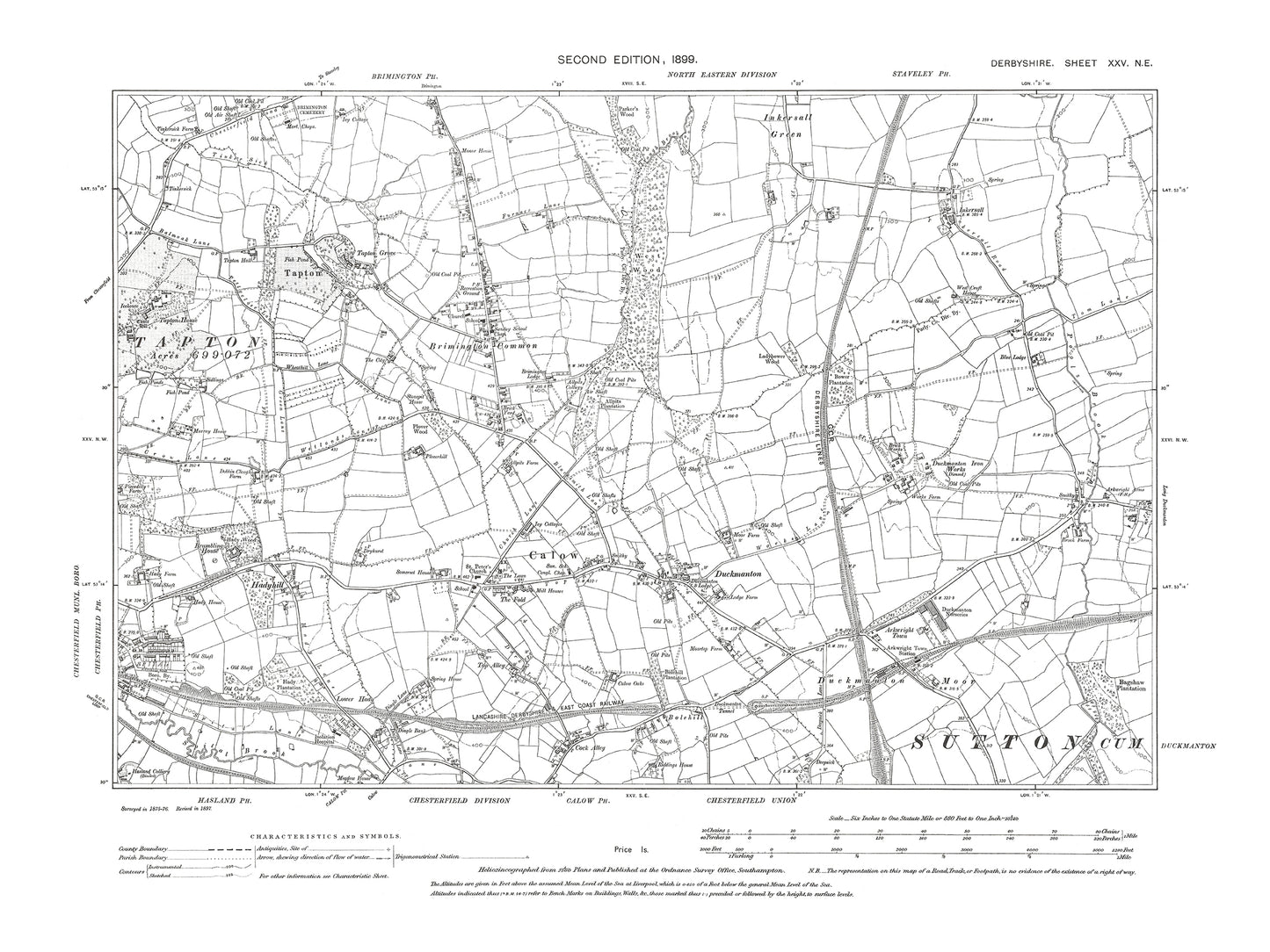 Old OS map dated 1899, showing Chesterfield (east), Calow in Derbyshire 25NE