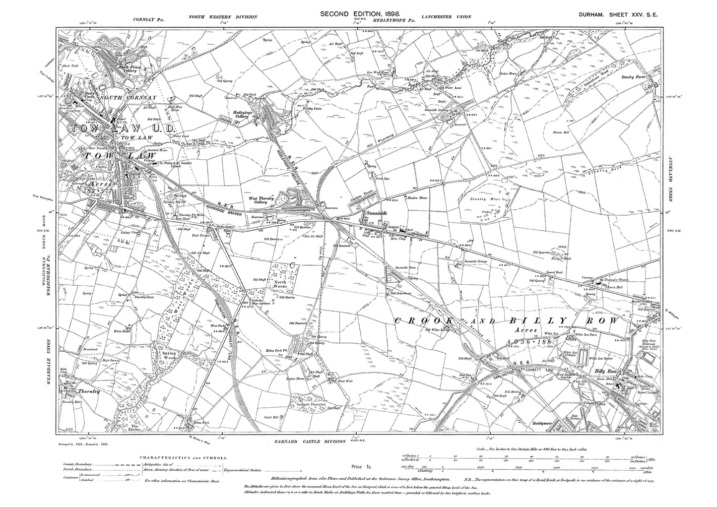 Old OS map dated 1898, showing Tow Law and Billy Row in Durham - 25SE