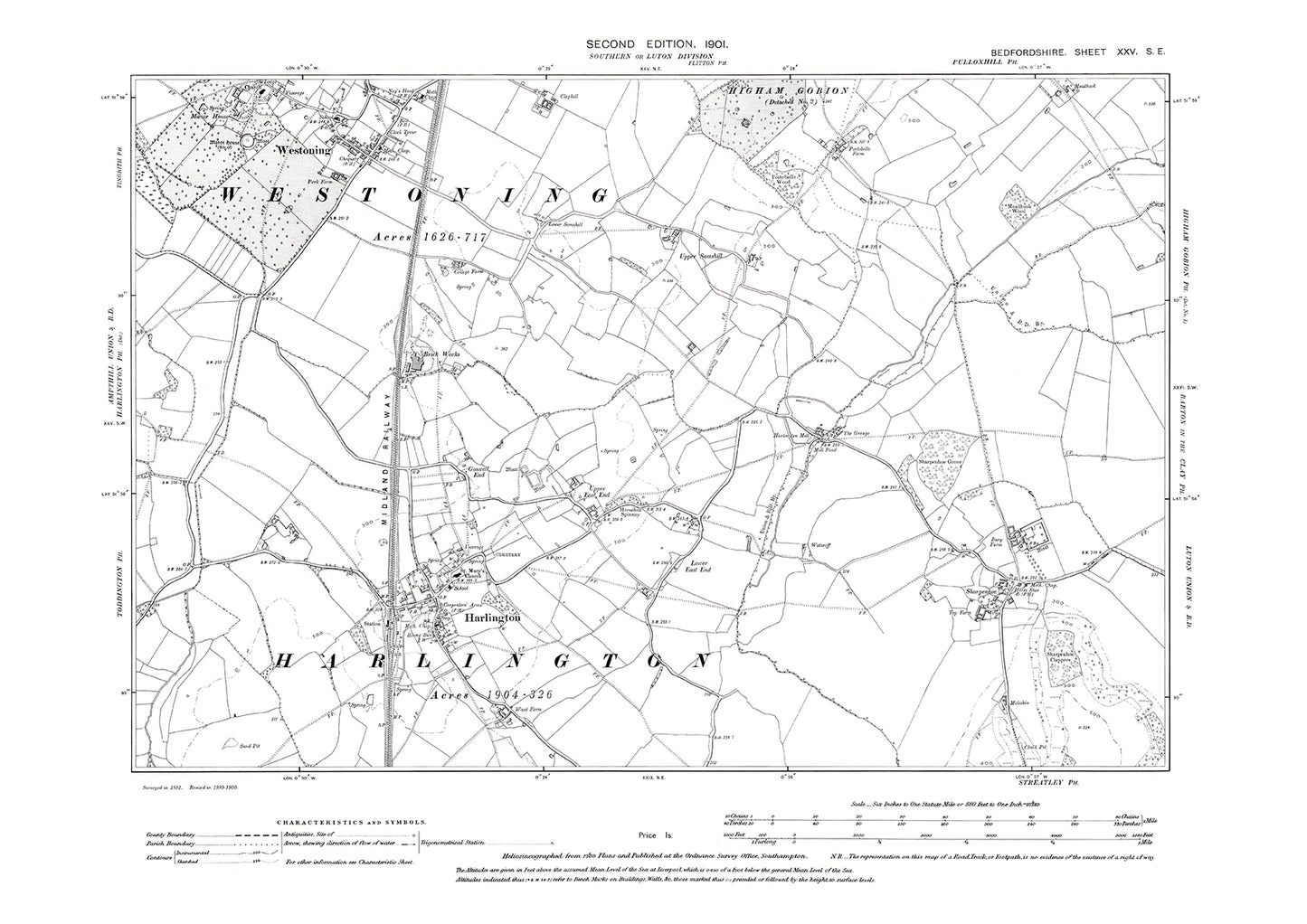 Harlington, Westoning (south), Sharpenhoe, old map Bedfordshire 1901: 25SE