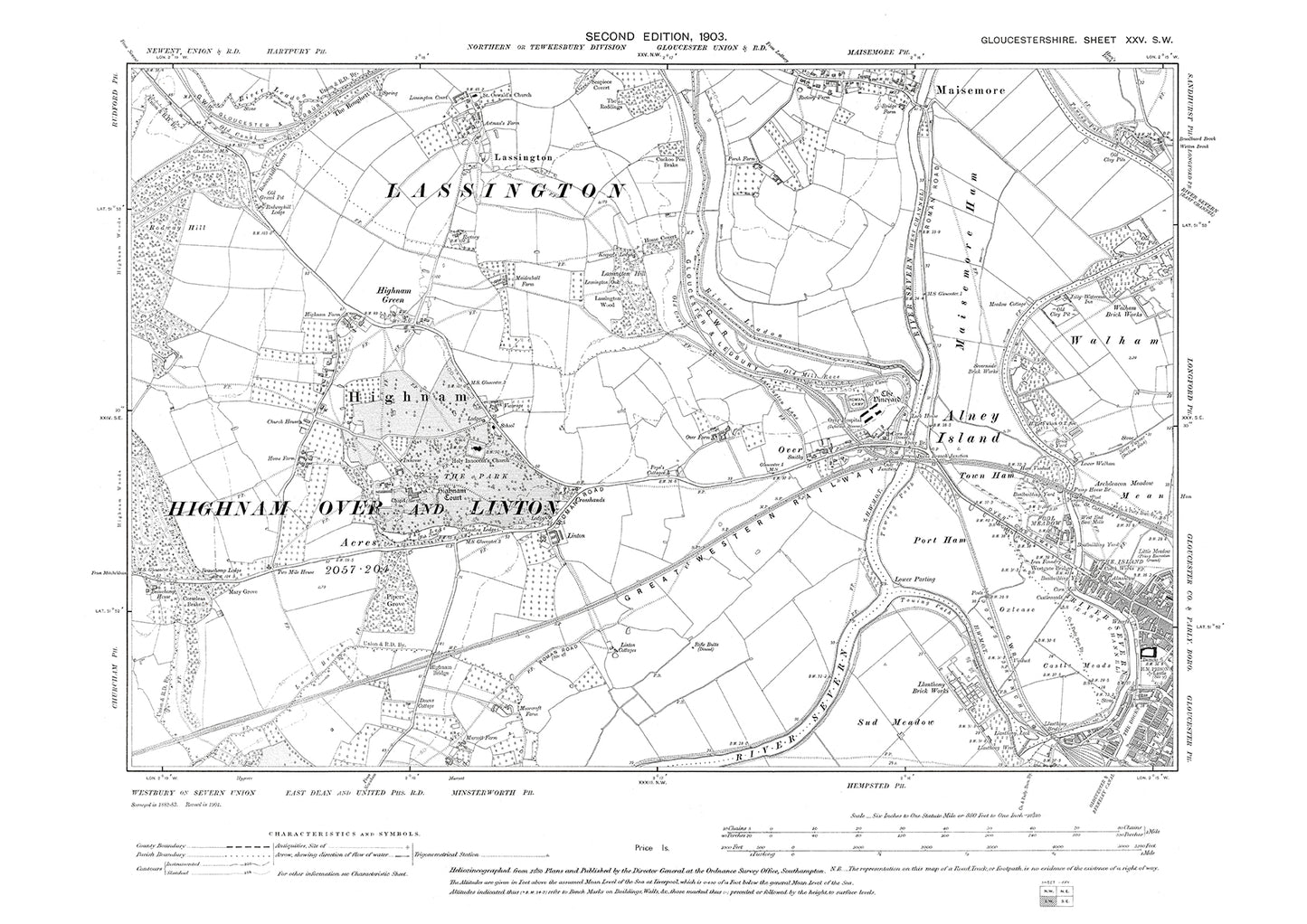 Old OS map dated 1903, showing Gloucester (west), Highnam, Alney Island, Alney Island, Maisemore (south) in Gloucestershire - 25SW