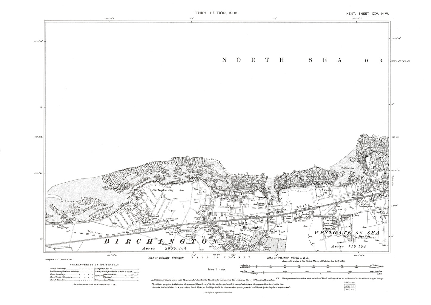 Birchington, Westgate on Sea, old map Kent 1908: 25NW