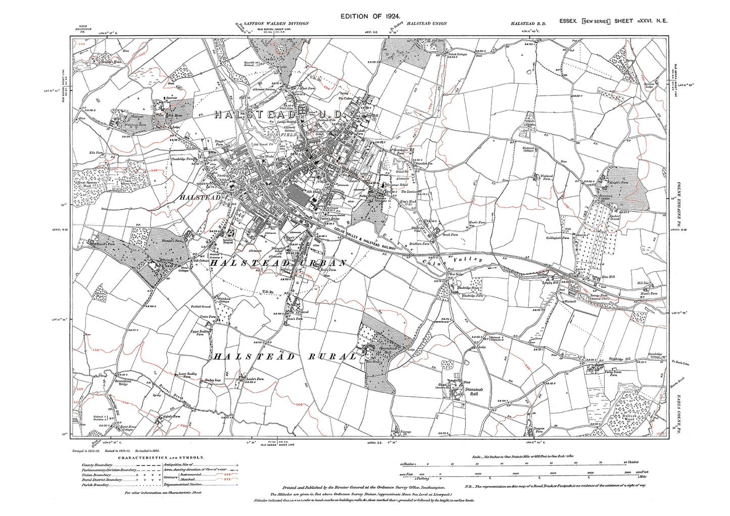 Old OS map dated 1925, showing Halstead, Bunting's Green, Colne Valley and Stanstead Hall in Essex - 26NE
