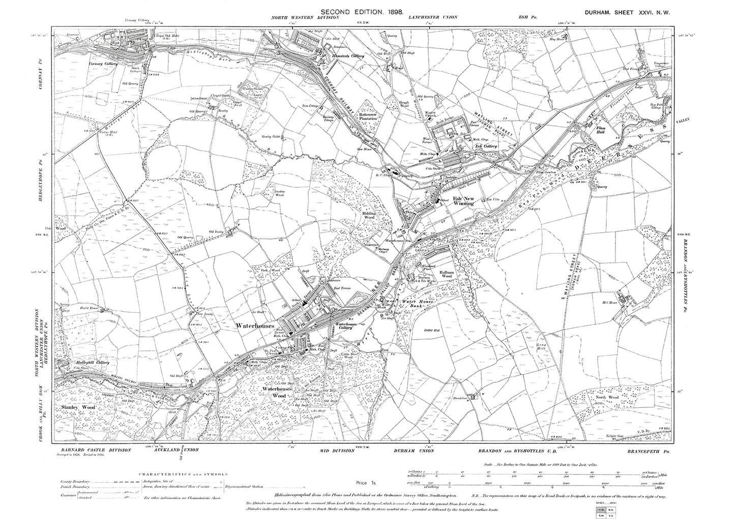Old OS map dated 1898, showing Waterhouses and Esh New Winning in Durham - 26NW