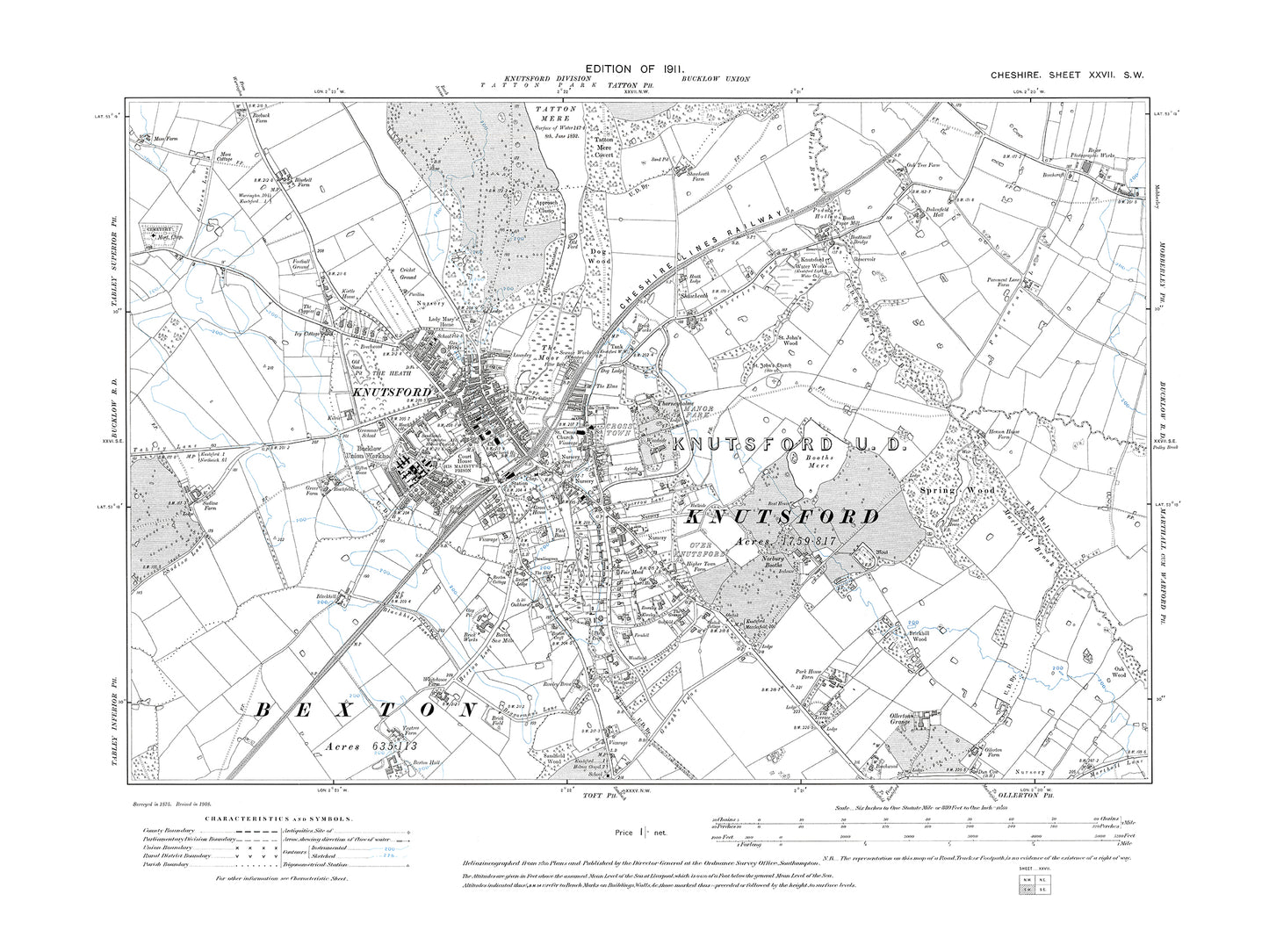 Old OS map dated 1910, showing Knutsford in Cheshire 27SW