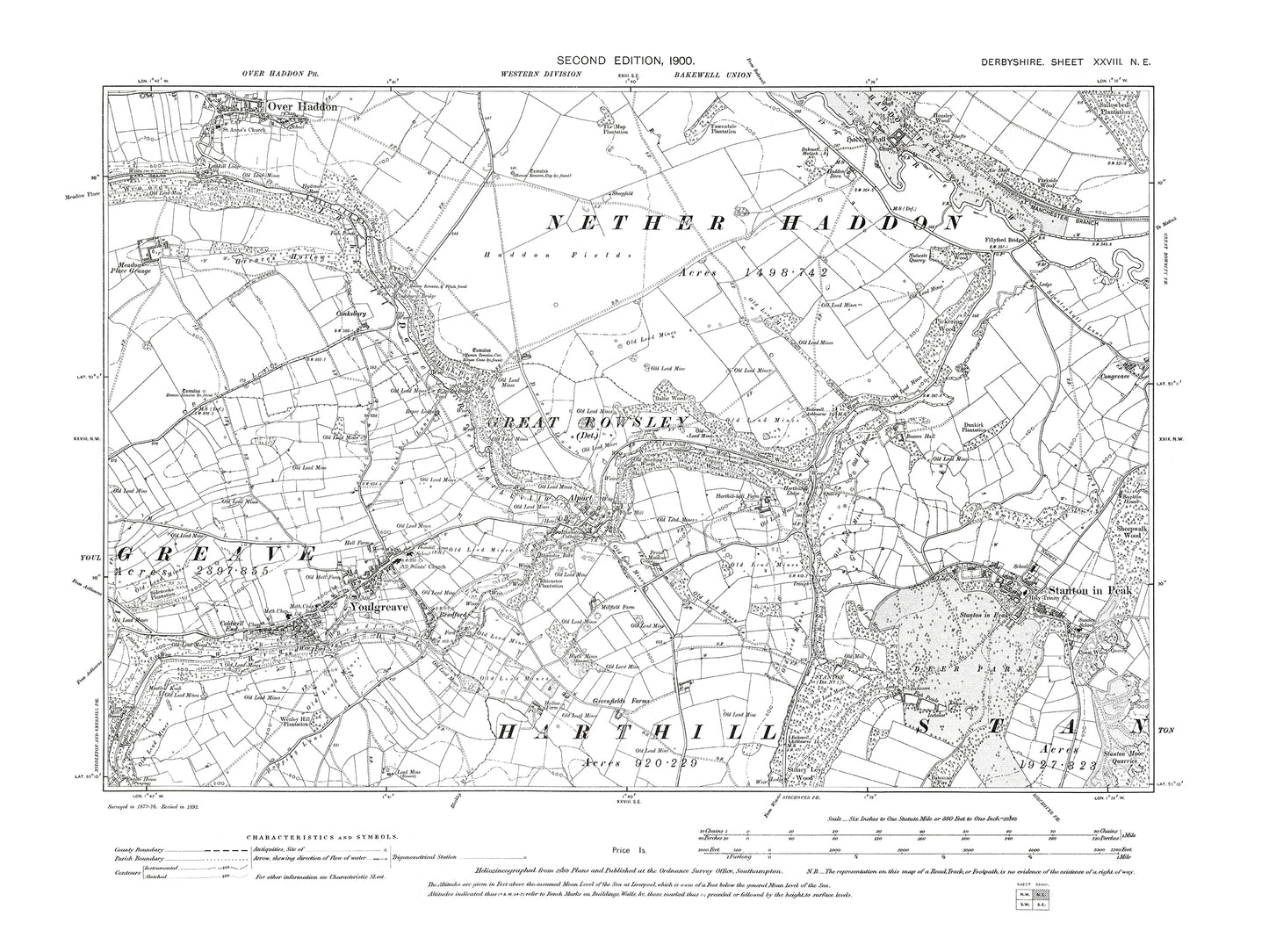 Old OS map dated 1900, showing Youlgreave, Stanton in Peak, Over Haddon in Derbyshire 28NE
