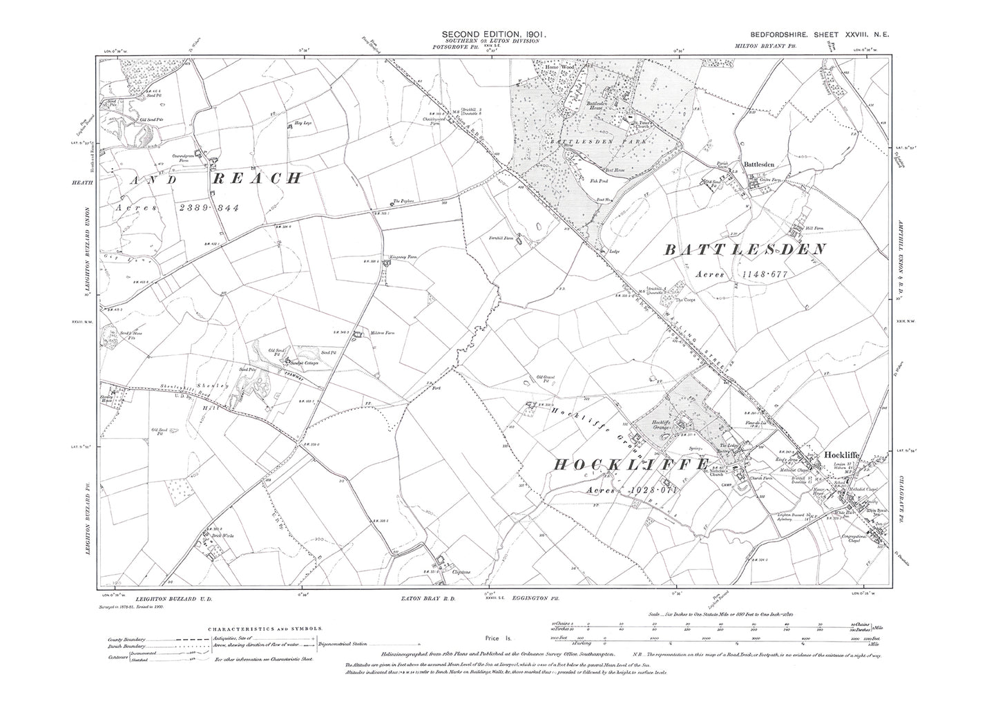 Heath and Reach (east), Hockliffe, Battlesden, old map Beds 1901: 28NE
