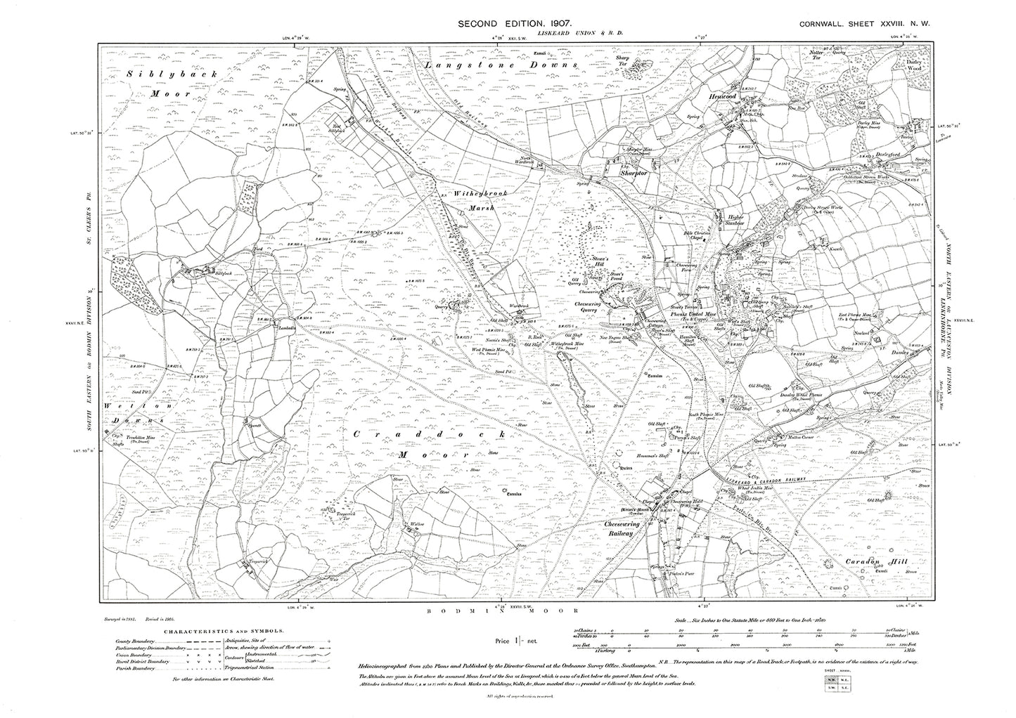 Henwood, Darleyford, Cheesewring, Sharptor, old map Cornwall 1907: 28NW
