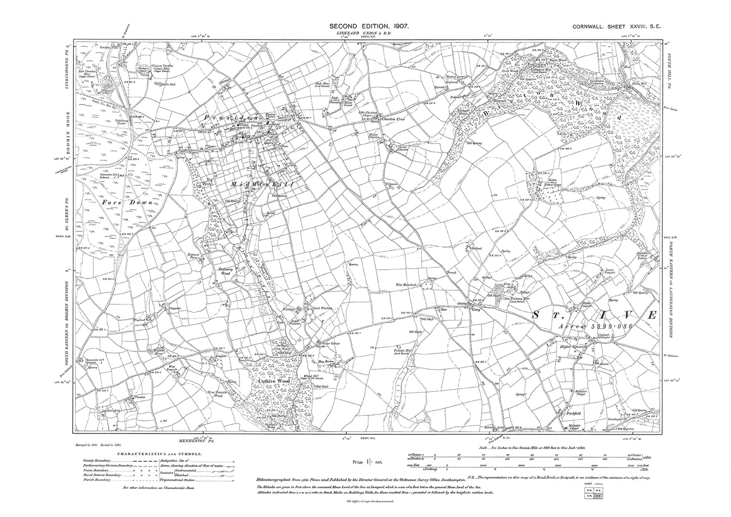 Pensilva, Middlehill, old map Cornwall 1907: 28SE