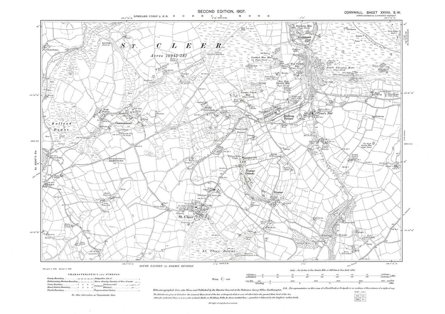 St Cleer, Tremar, Commonmoor, Crows Nest, Railway Terrace, Gonamena, old map Cornwall 1907: 28SW