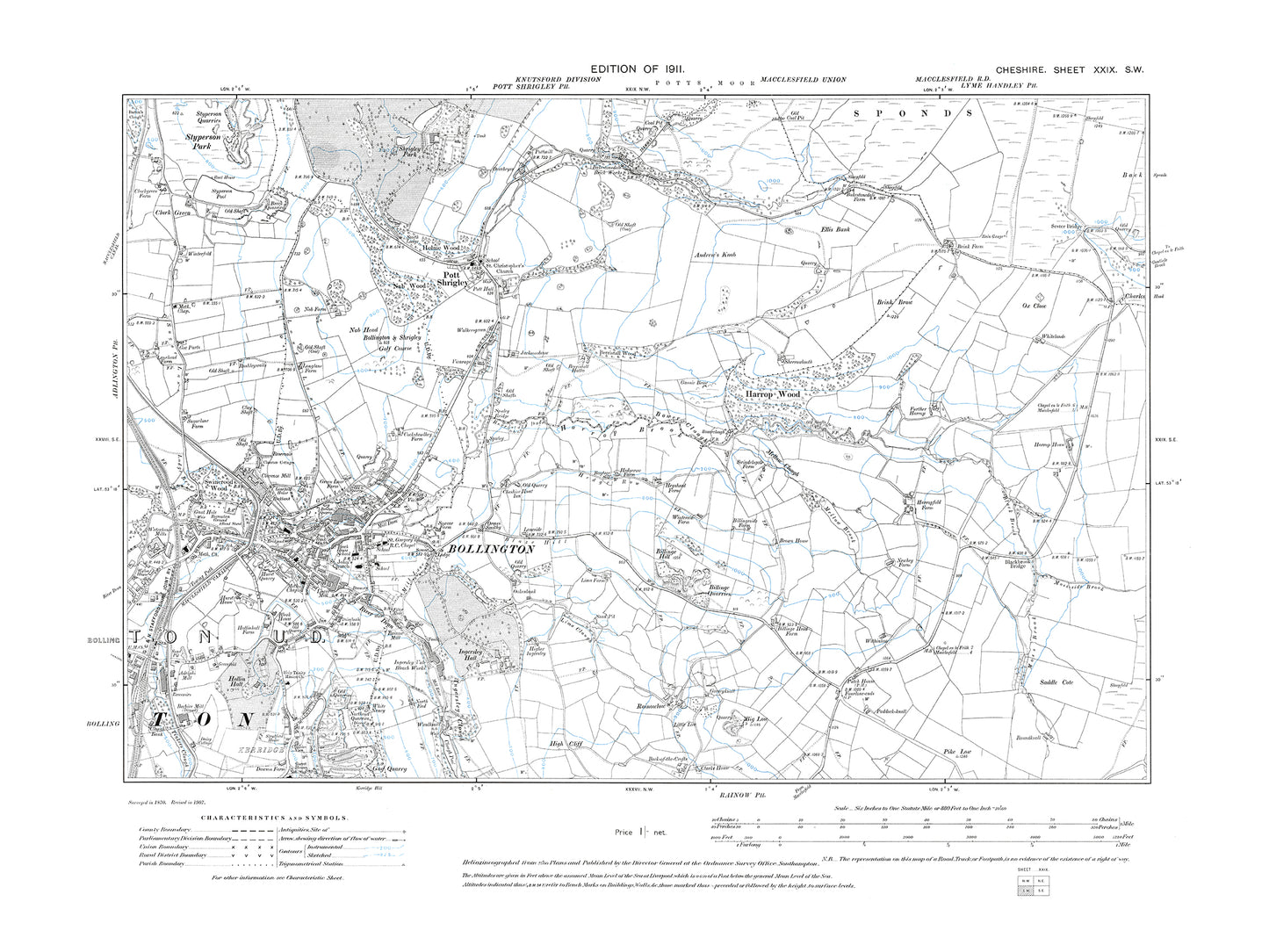 Old OS map dated 1911, showing Bollington, Pott Shrigley in Cheshire 29SW