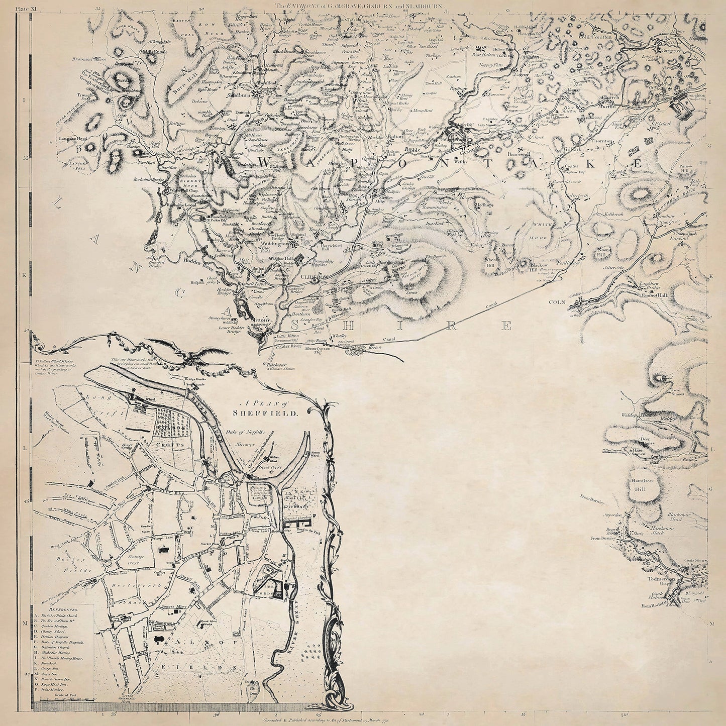 Yorkshire in 1771 sheet 3-1 - features a Plan of Sheffield and shows the Gargrave, Gisburn and Slaidburn area