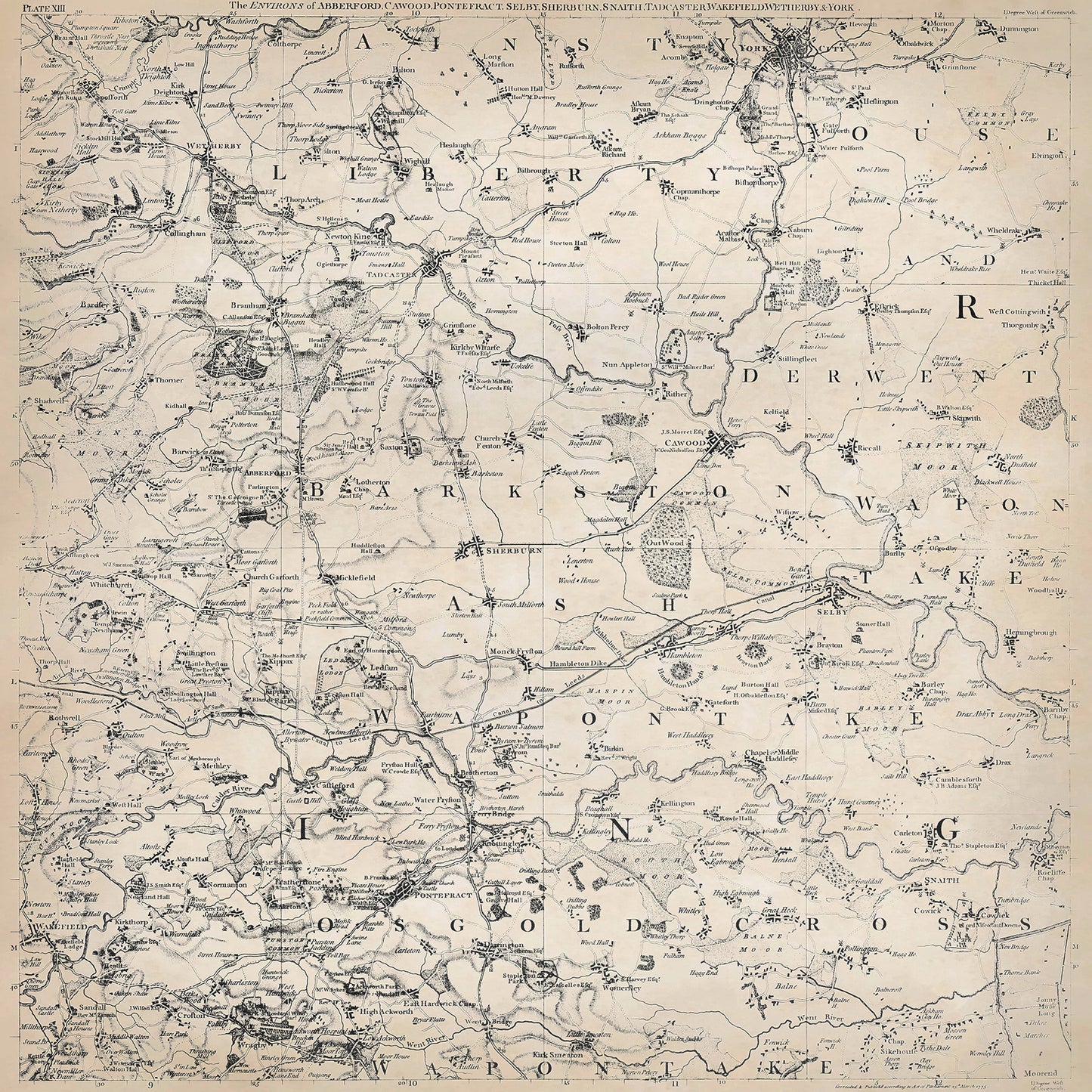 Yorkshire in 1771 sheet 3-3 - shows the Abberford, Cawood, Pontefract, Selby, Sherburn, Snaith, Tadcaster, Wakefield, Wetherby and York area
