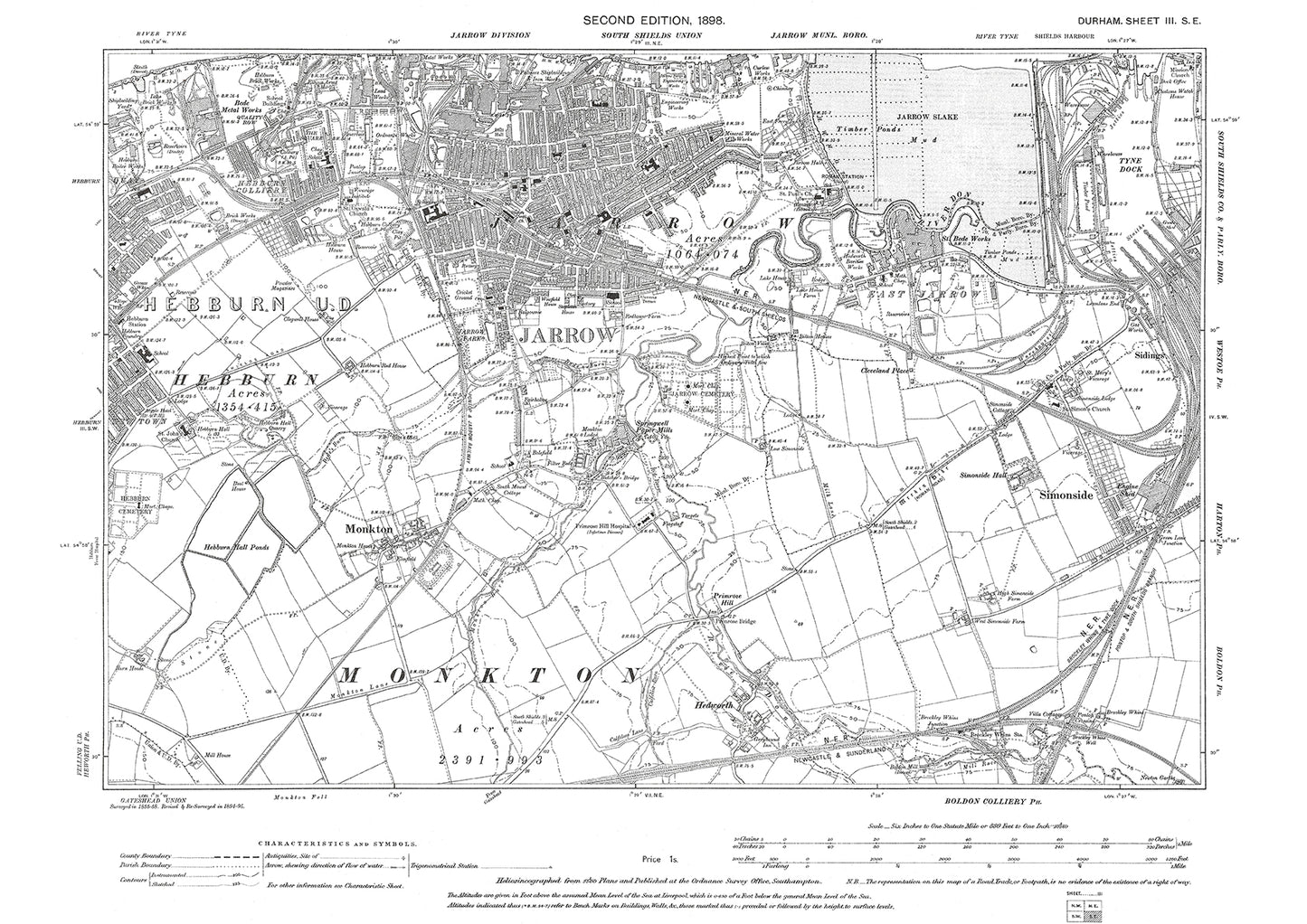 Old OS map dated 1899, showing Jarrow and Hebburn (east) in Durham - 3SE