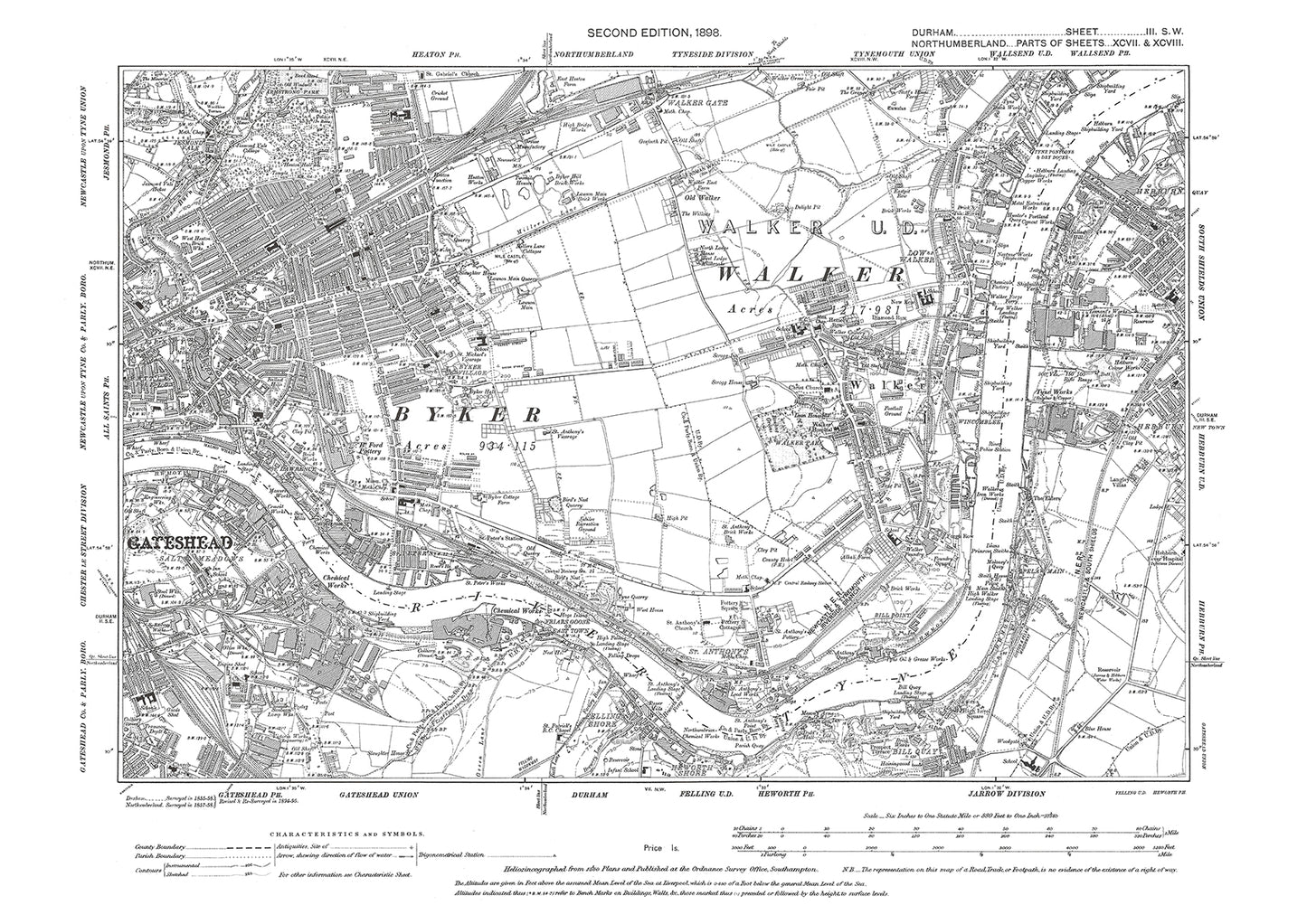 Old OS map dated 1898, showing Gateshead (northeast) and South Shields (west) in Durham - 3SW