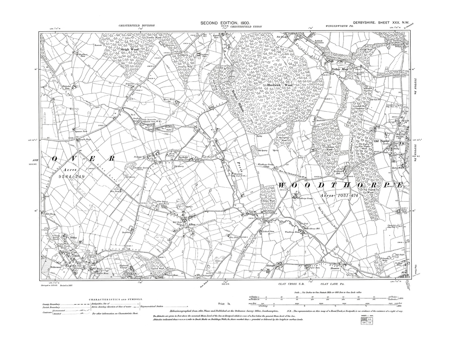 Old OS map dated 1900, showing Ashover (north), Old Tupton in Derbyshire 30NW