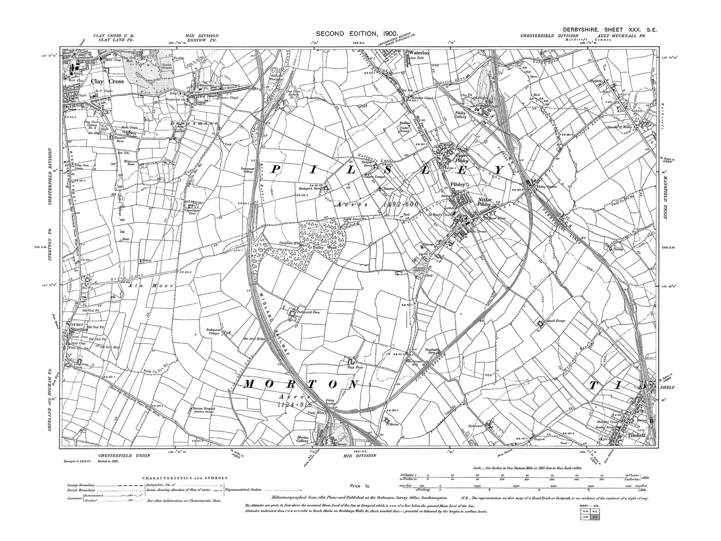 Old OS map dated 1900, showing Clay Cross (south), Pilsley, Tibshelf, Stretton in Derbyshire 30SE