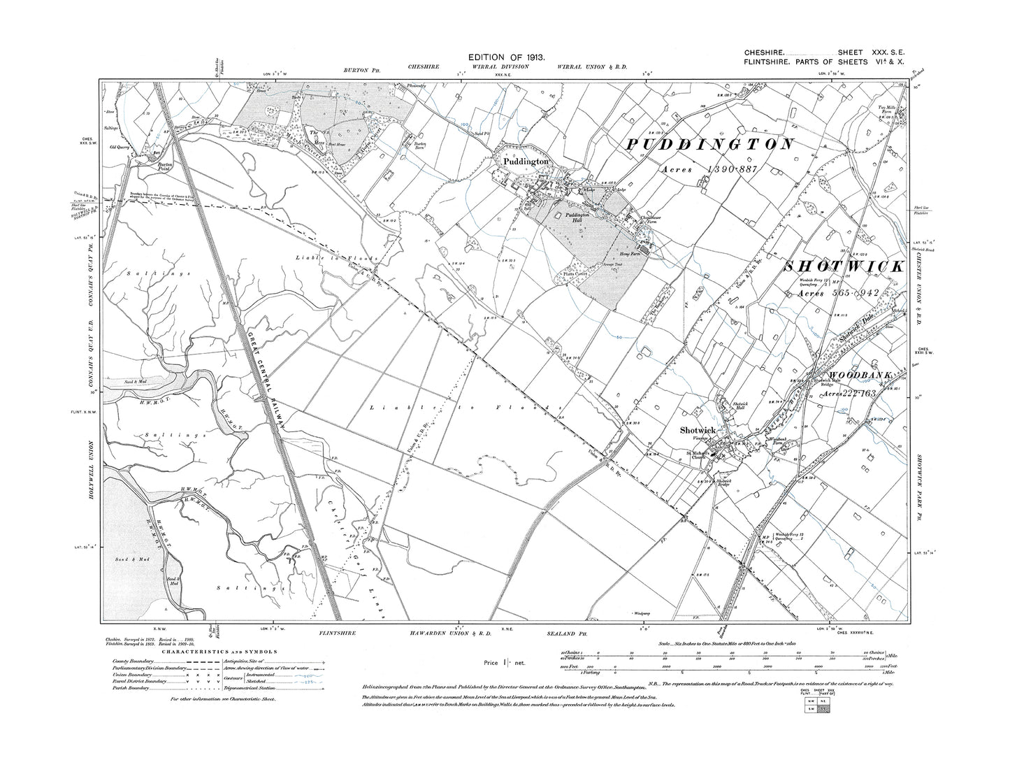 Old OS map dated 1913, showing Puddington, Shotwick in Cheshire 30SE