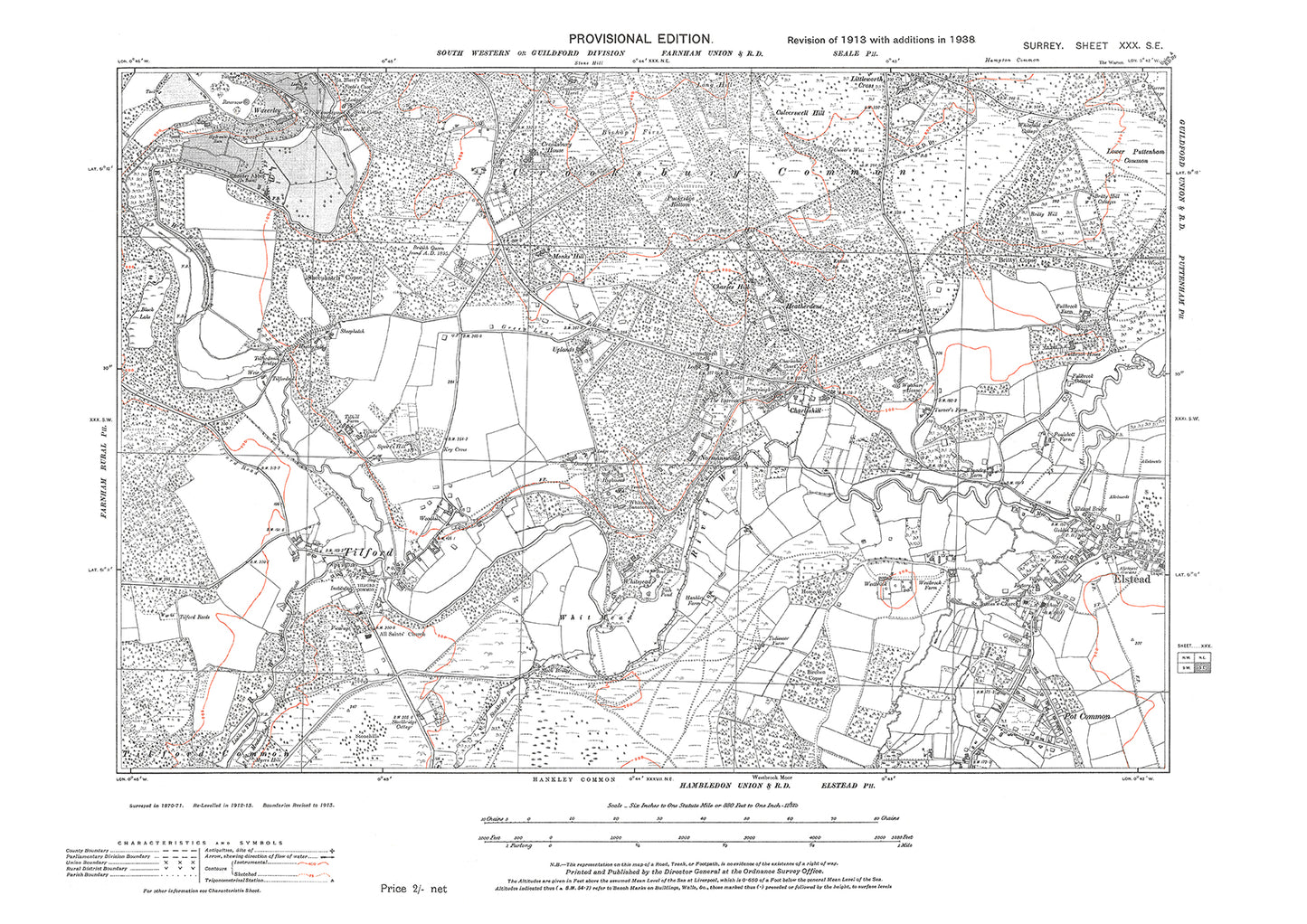Tilford, Elstead (west), Crooksbury Common old map Surrey 1938: 30SE