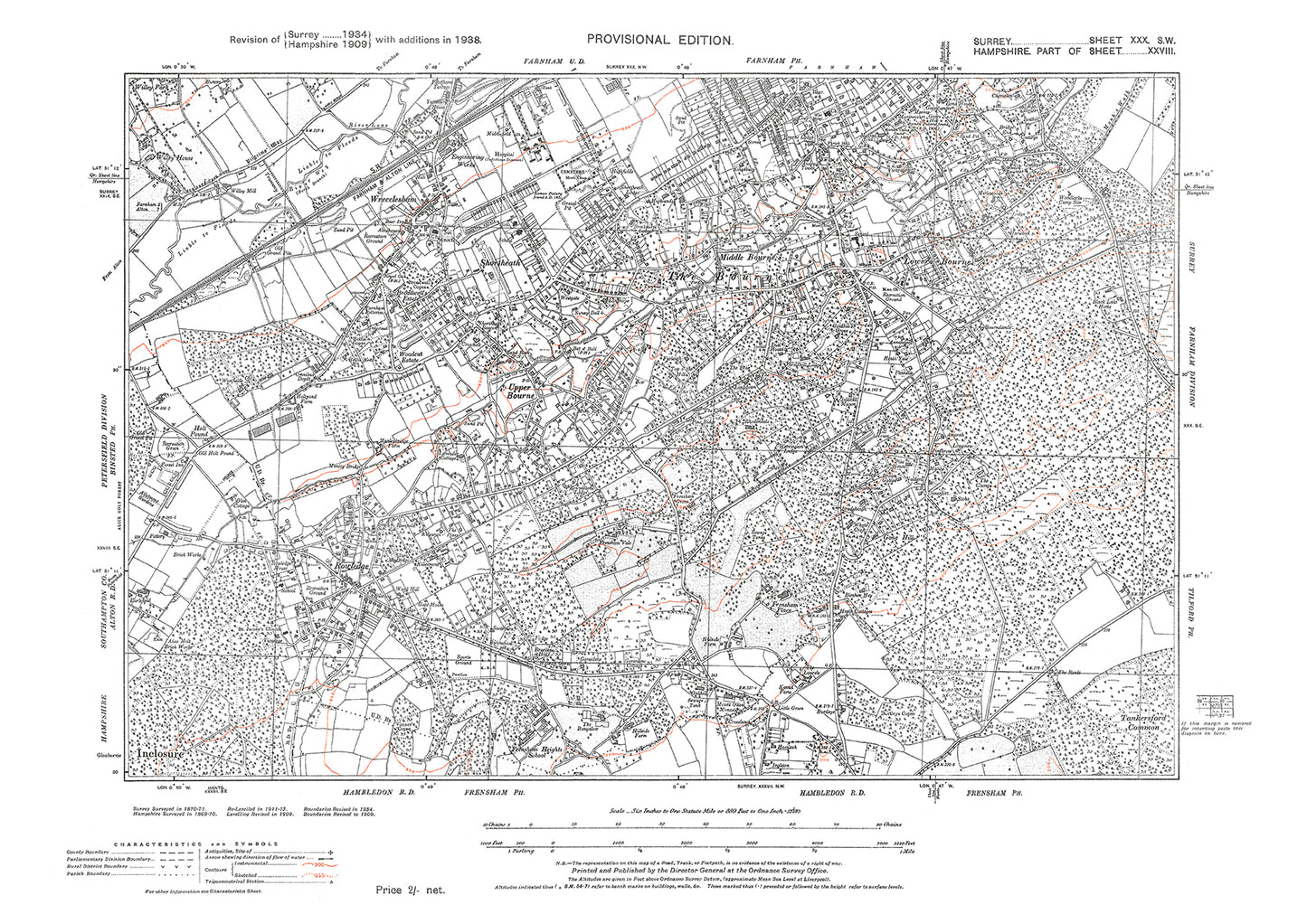 Wrecclesham, The Bourne, Shortheath, Lower Bourne old map Surrey 1938: 30SW