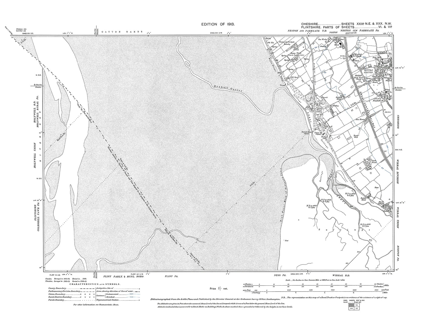 Old OS map dated 1913, showing Little Neston, Wirral Colliery in Cheshire 30aNE-30NW