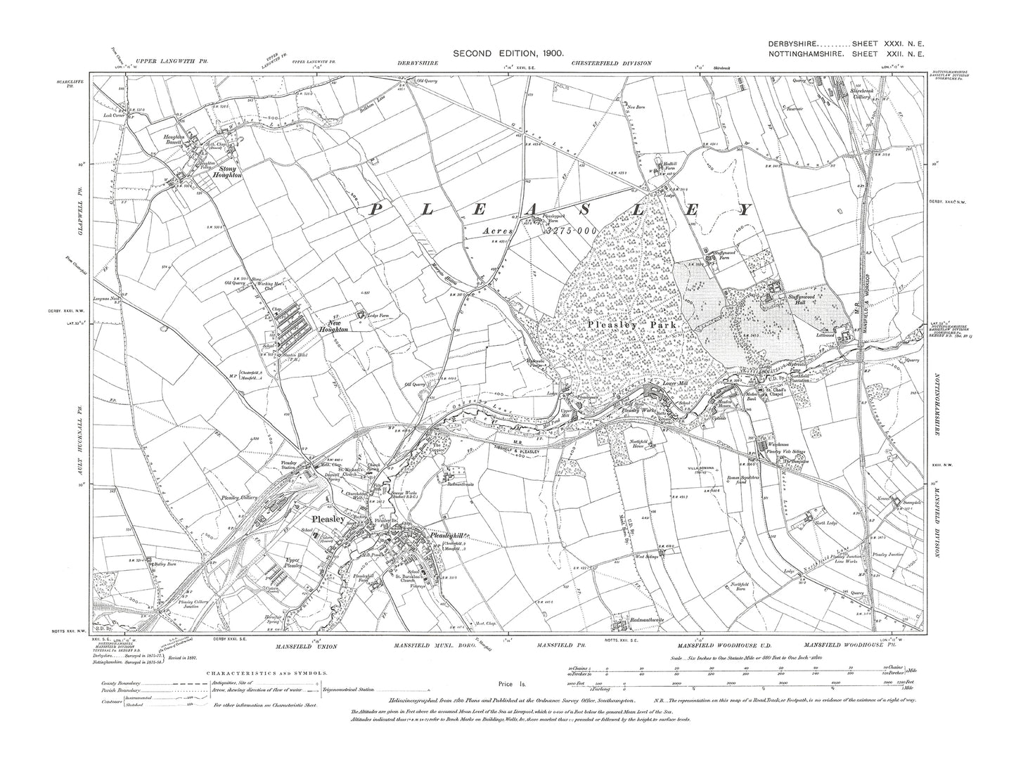 Old OS map dated 1900, showing Pleasley in Derbyshire 31NE