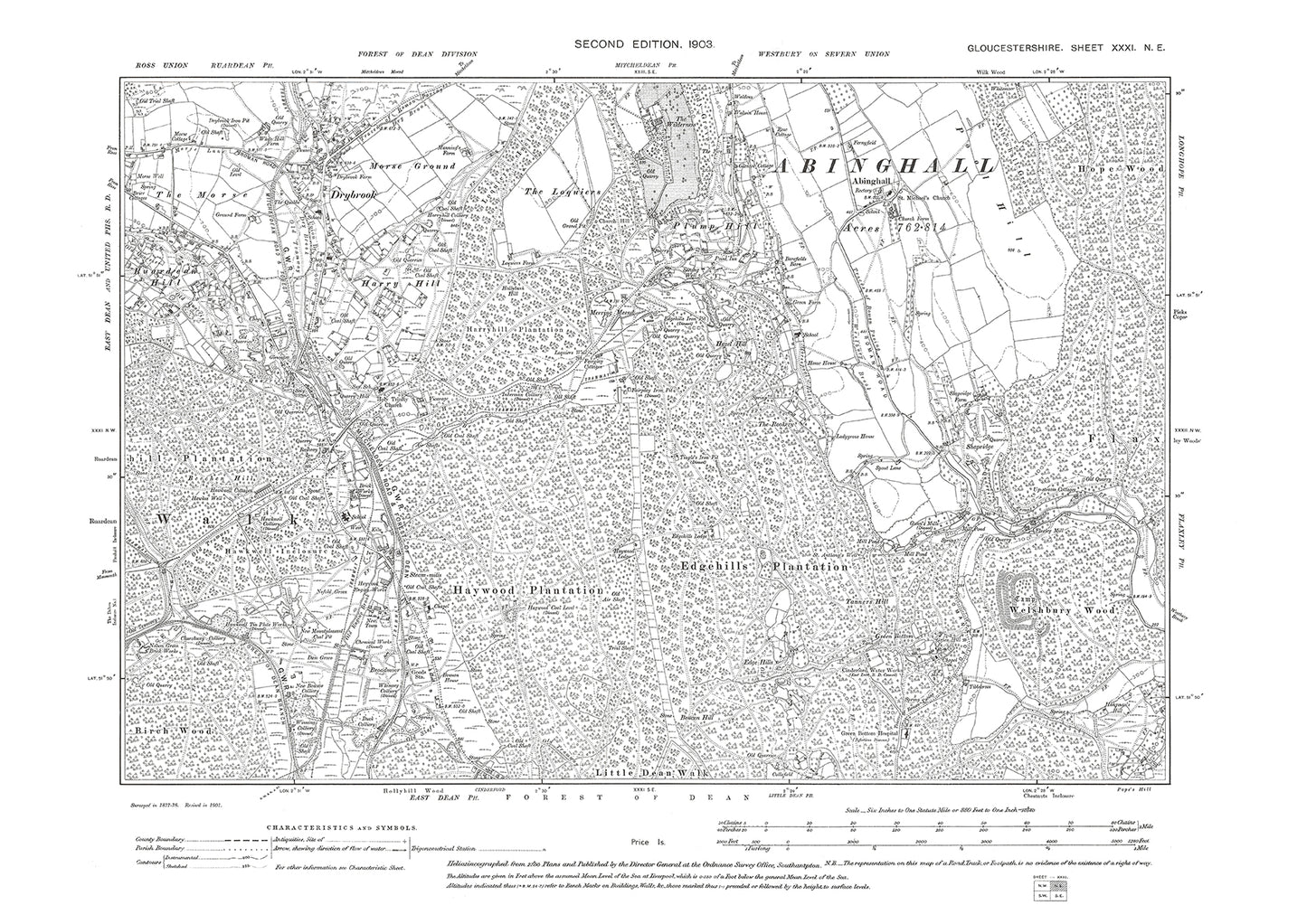 Old OS map dated 1903, showing Drybrook, Ruardean Hill, Harry Hill, Plump Hill, Abinghall in Gloucestershire - 31NE
