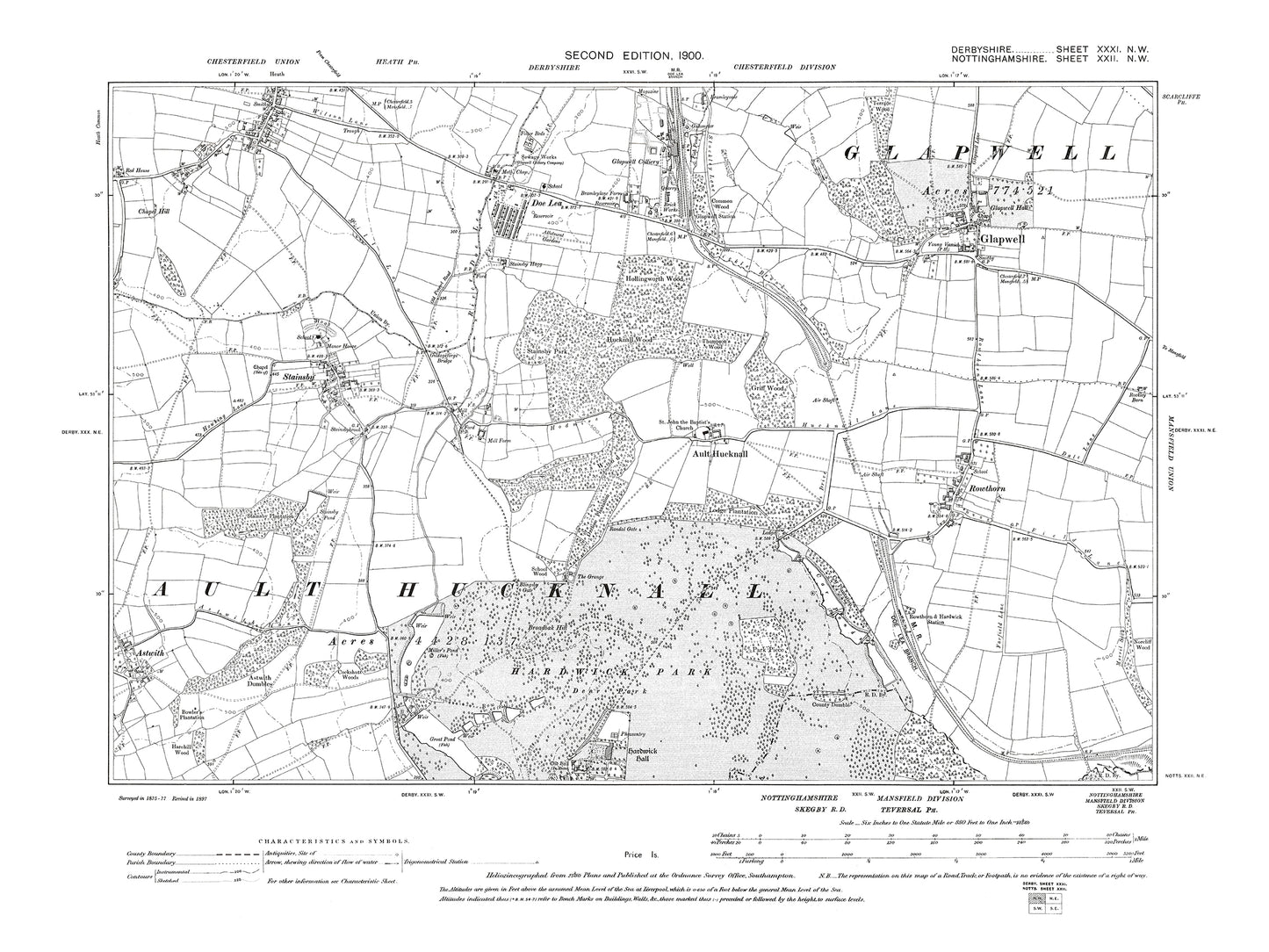 Old OS map dated 1900, showing Heath (south), Stainsby, Doe Lea, Glapwell in Derbyshire 31NW