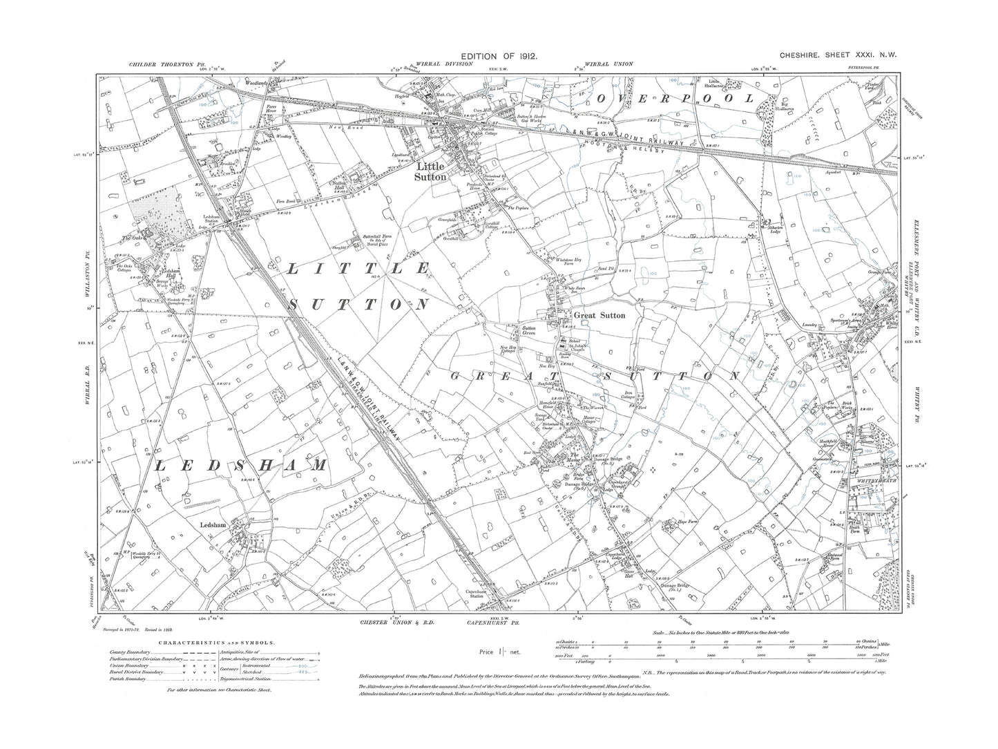 Old OS map dated 1912, showing Little Sutton, Great Sutton, Ledsham in Cheshire 31NW